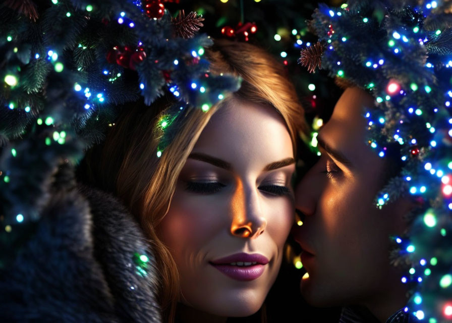 Smiling woman with man whispering in ear near Christmas wreath