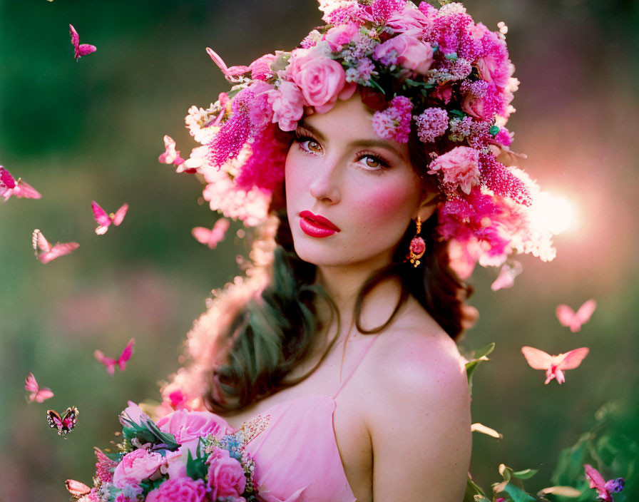 Woman with Floral Headdress and Butterflies in Natural Setting