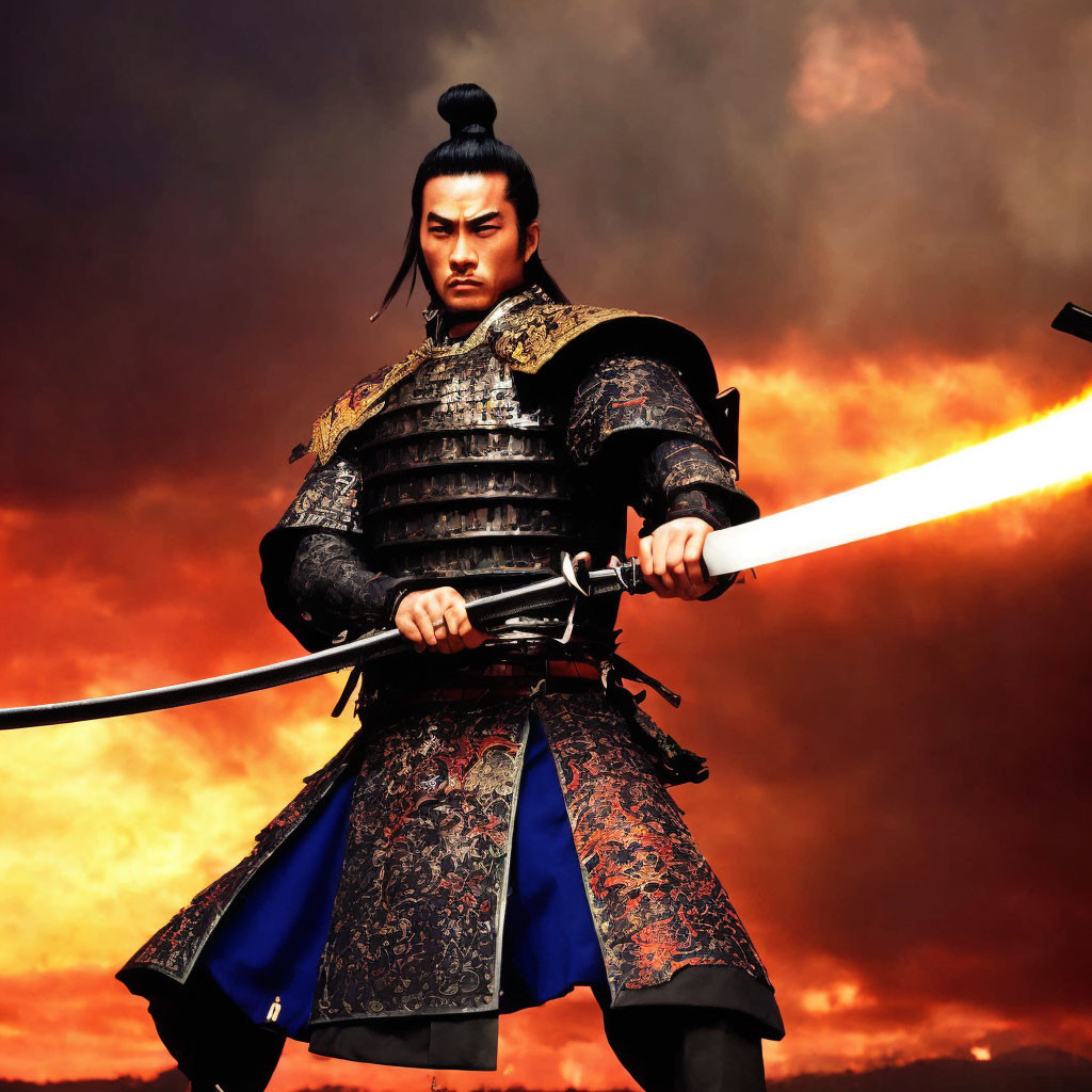 Traditional Armor Warrior with Drawn Sword in Fiery Sky Background