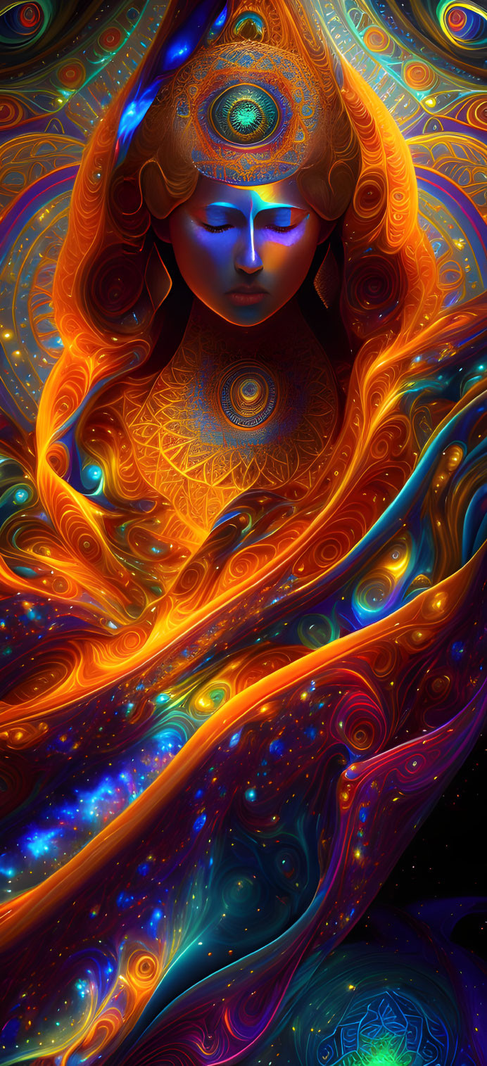 Colorful digital art: Human-like figure with intricate patterns in orange, blue, and gold.