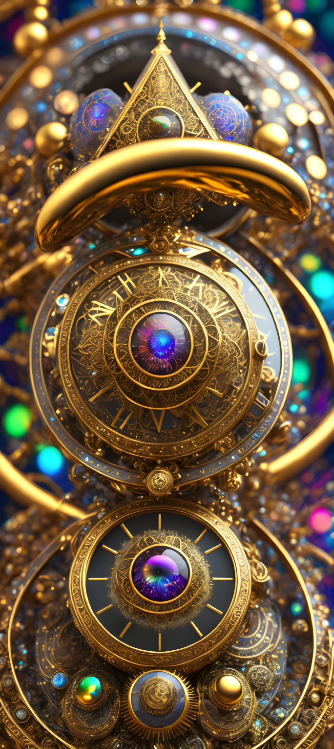 Golden celestial-themed mechanism with jewel-like orbs and eye-like gems