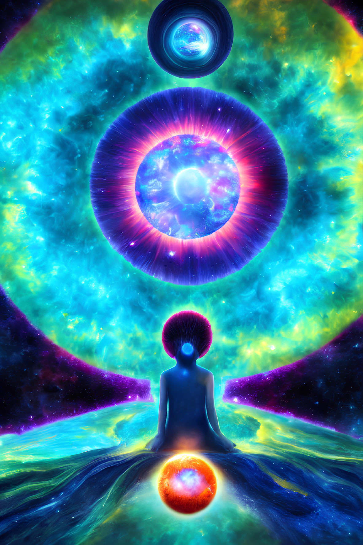 Person meditates in cosmic setting with vibrant colors and celestial patterns