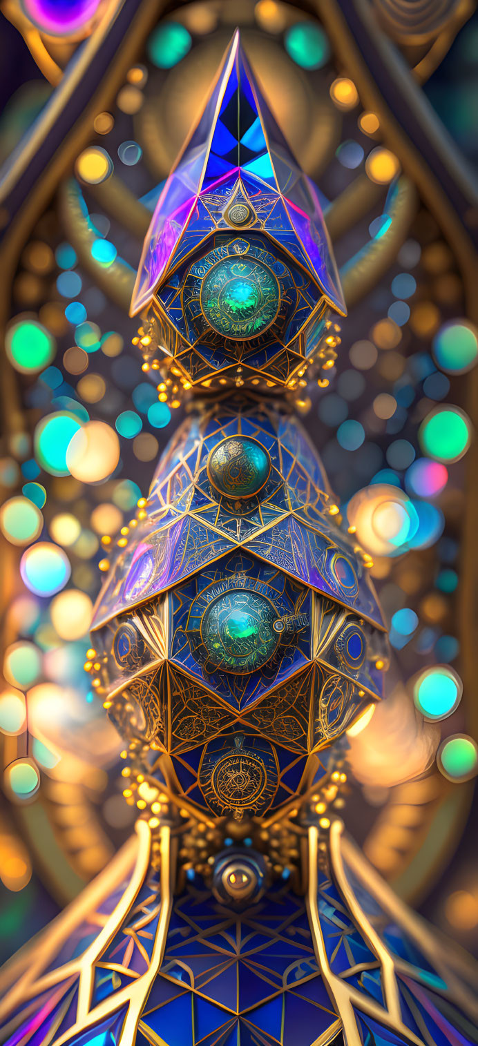 Symmetrical geometric digital artwork with glowing orbs and intricate patterns