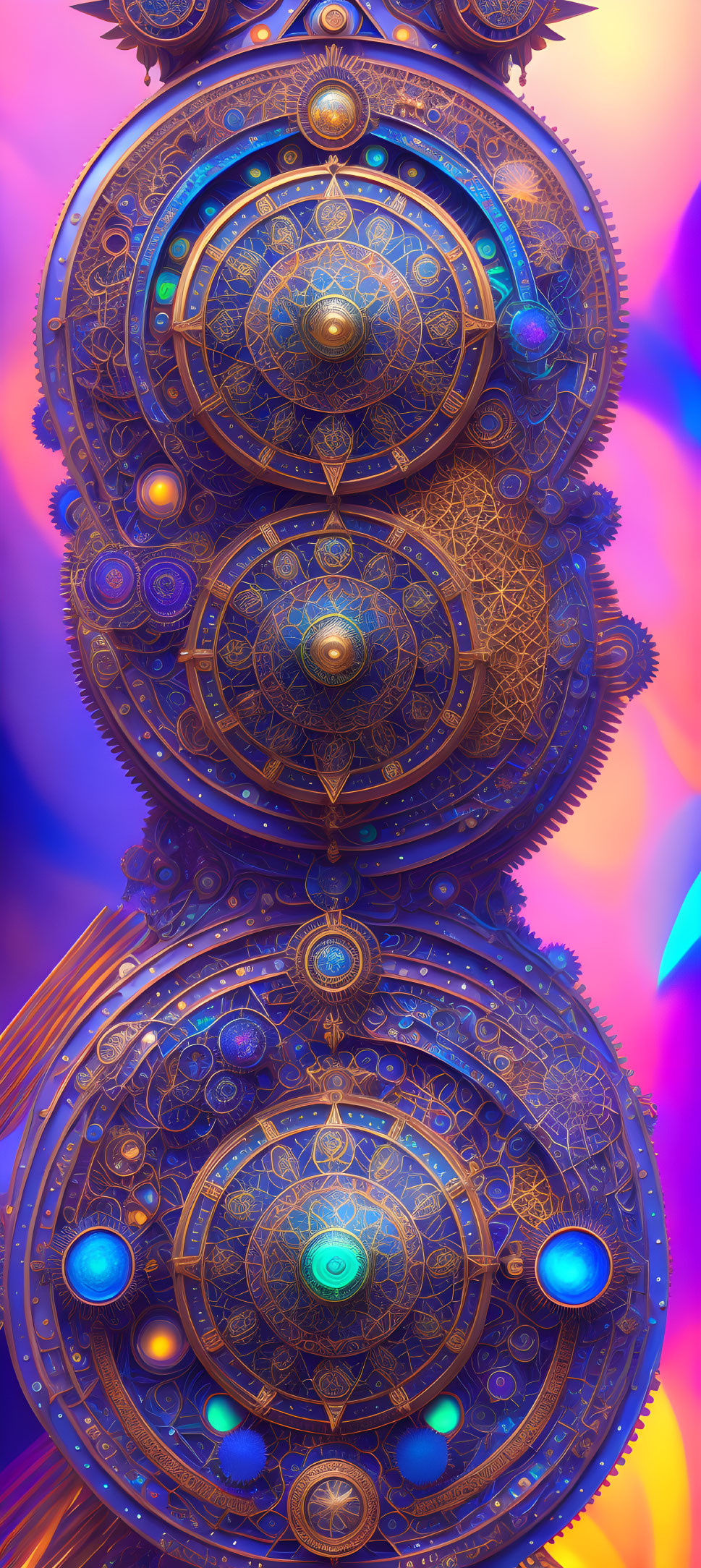 Steampunk gears and cogs with celestial motif on vibrant backdrop