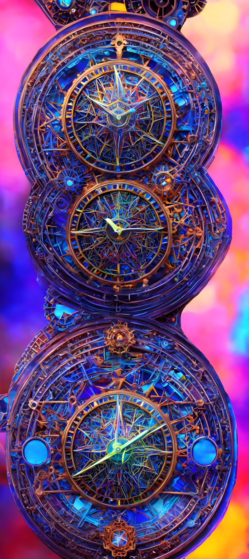 Intricate Spherical Astrolabe-like Structures on Vibrant Bokeh Background