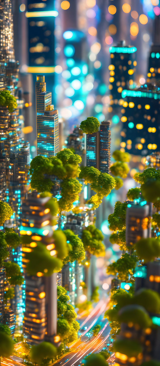 Vibrant night cityscape with skyscrapers and lush green trees