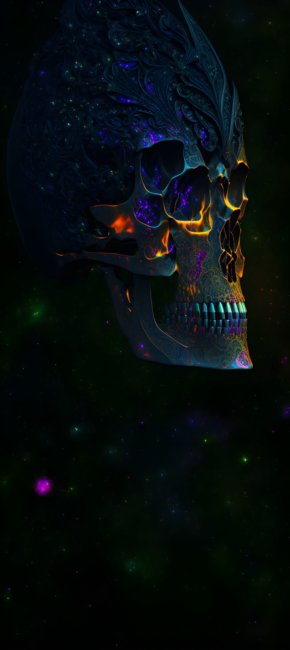 Colorful Skull Artwork with Intricate Patterns in Space