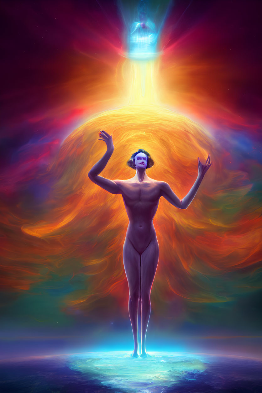 Surreal nude figure in blue skin reaching towards ethereal entity in vibrant nebula