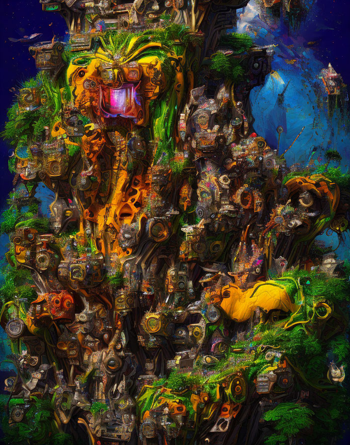 Detailed Artwork: Organic-Mechanical Tower with Lion Figure