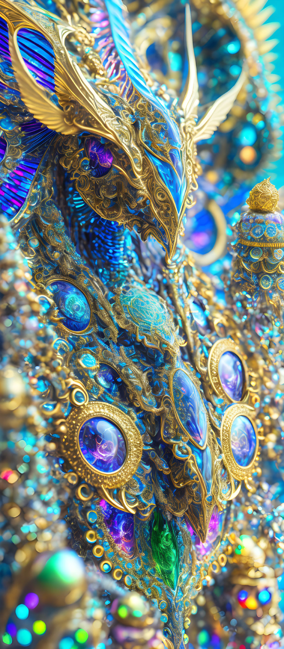 Golden Peacock Mask with Gemstones and Ornate Textures