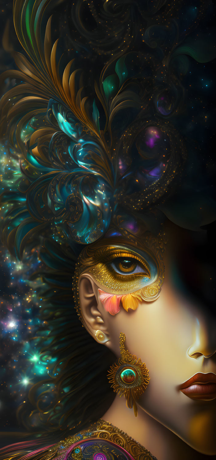 Mystical female figure with vibrant plumage and cosmic stars merging.