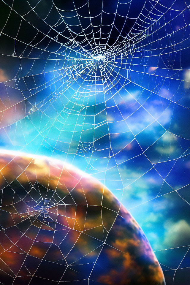 Vibrant spider web against colorful outer space backdrop