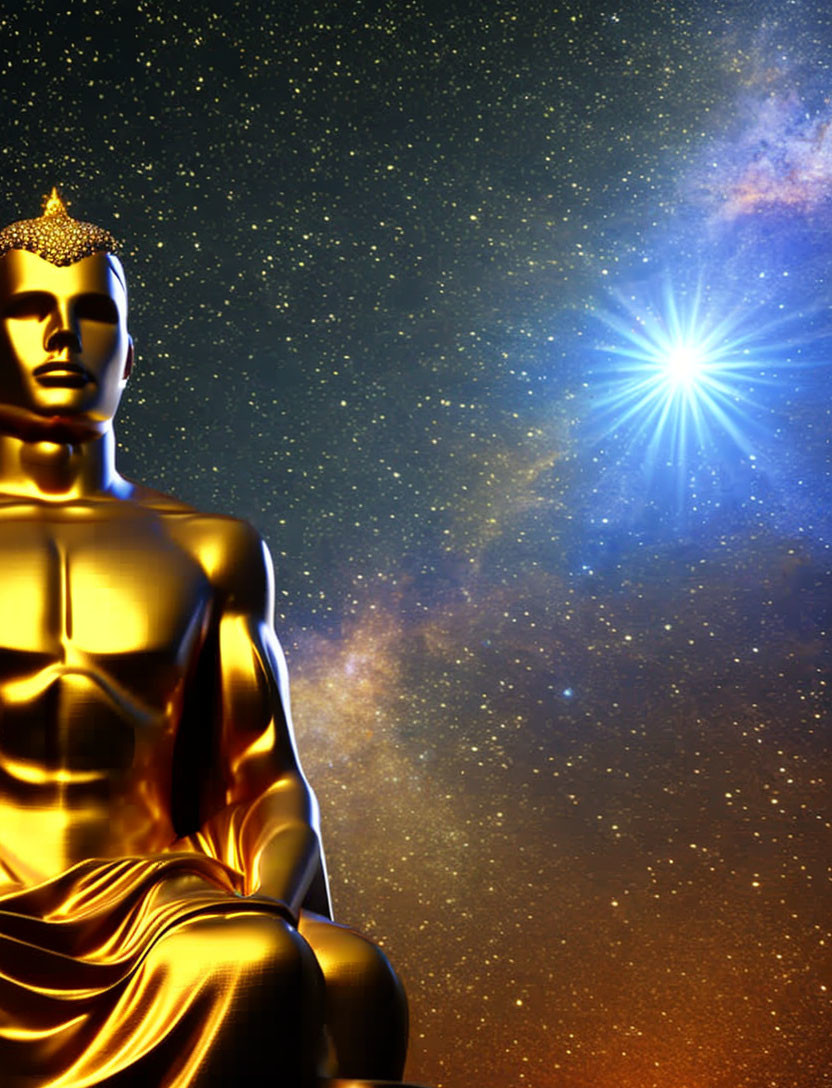 Golden Seated Figure Statue with Cosmic Background