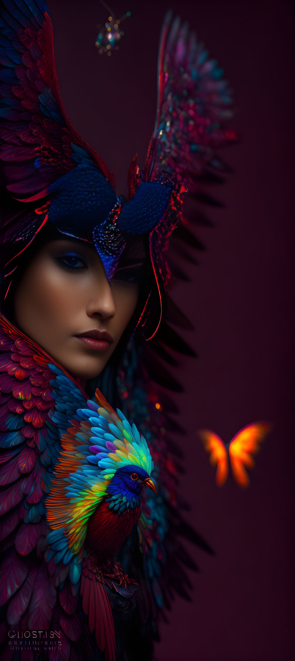 Colorful Bird Costume with Butterfly on Dark Background