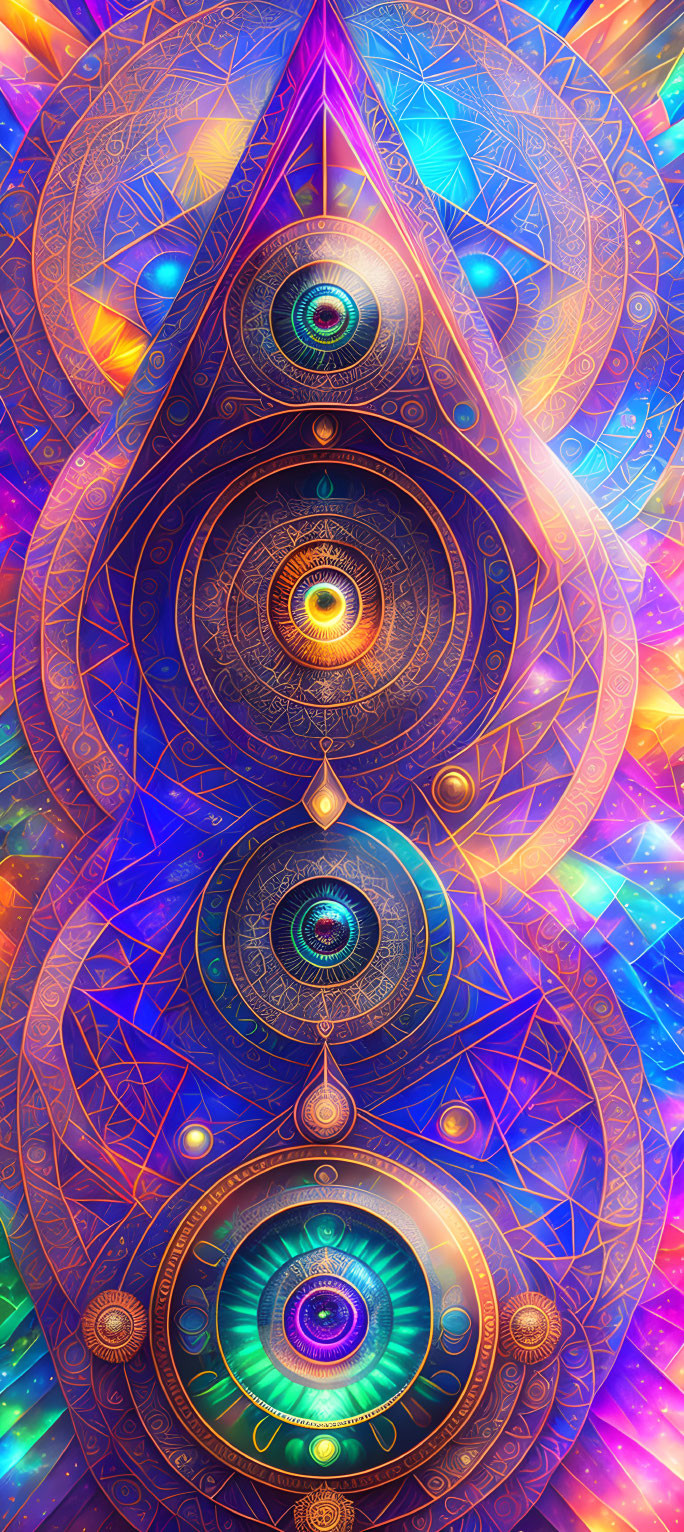 Colorful Psychedelic Artwork: Overlapping Geometric Patterns & Glowing Mandalas