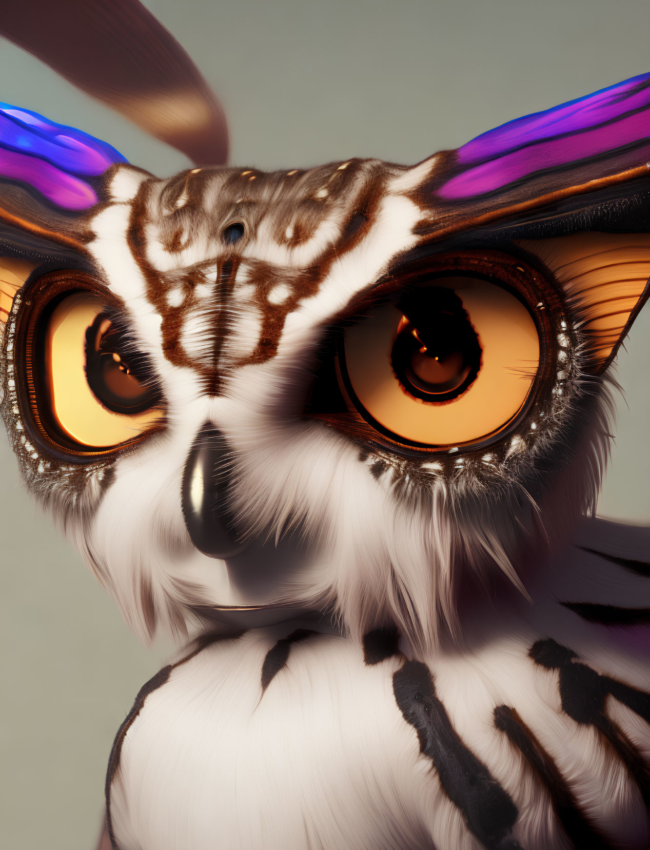 Detailed Stylized Owl Illustration with Orange Eyes and Purple Accents