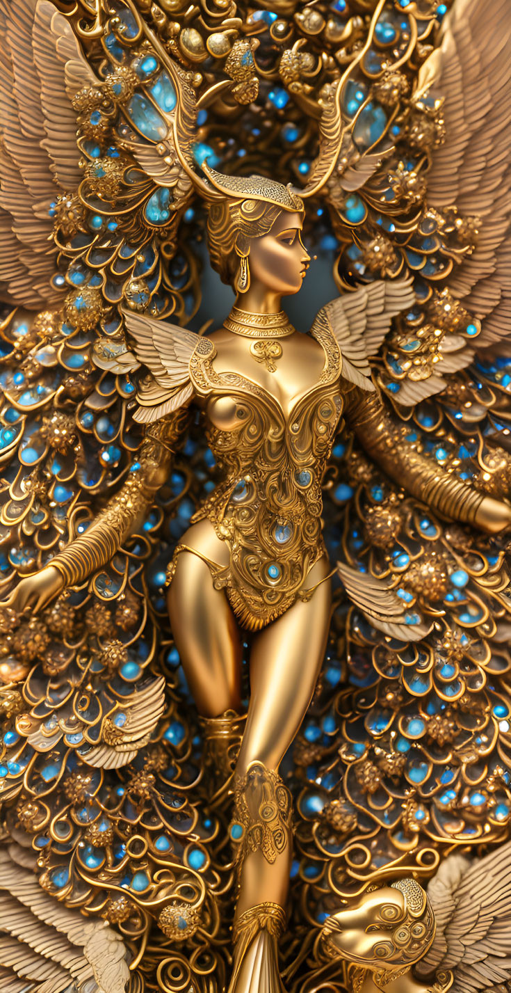 Intricate golden female figurine with peacock-themed armor