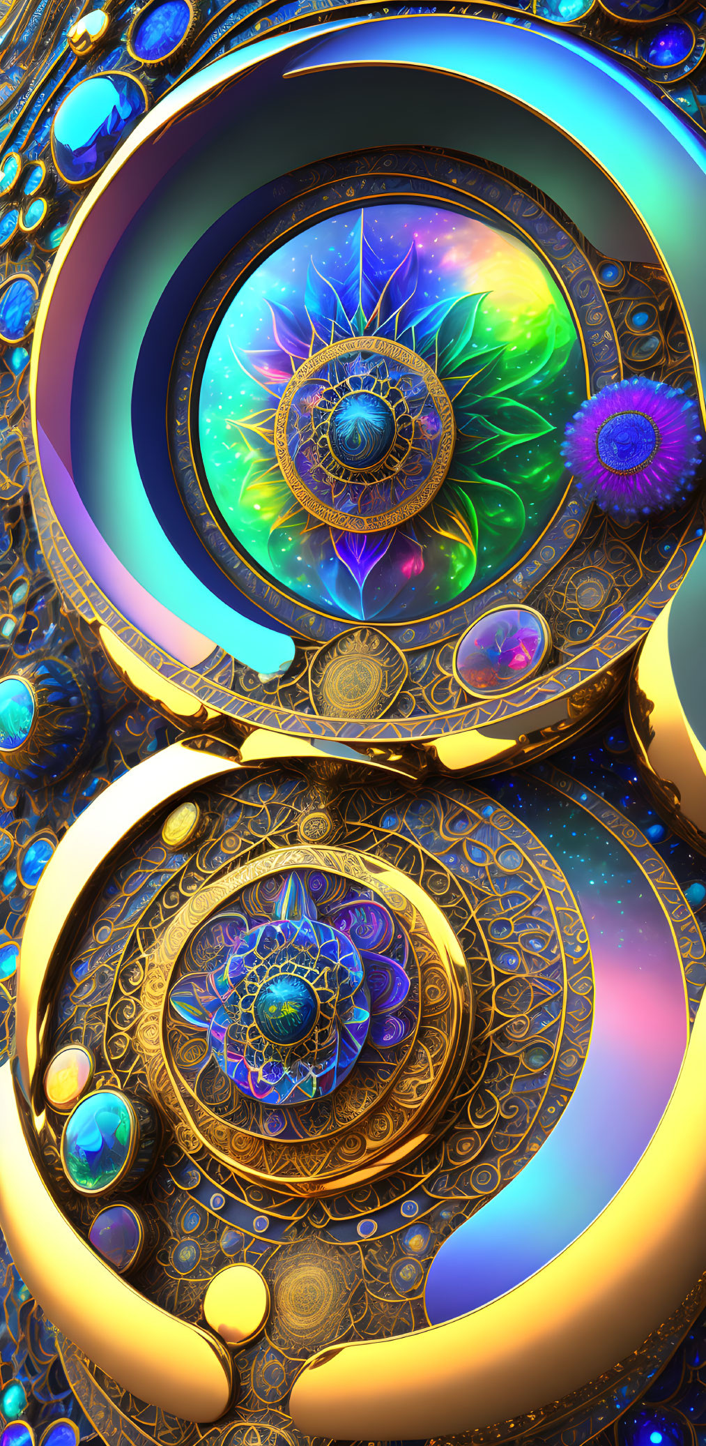 Colorful digital artwork: intricate patterns, central eye motif, bubble-like spheres