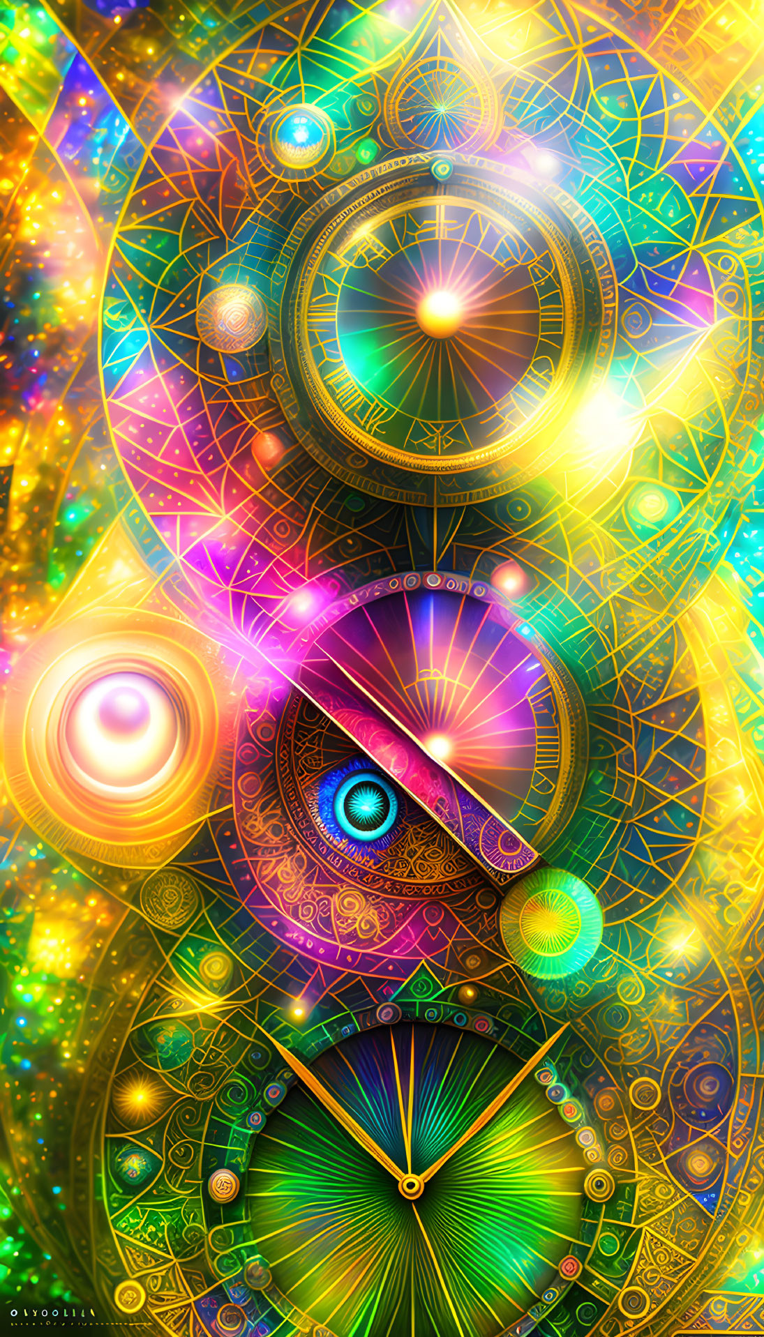 Colorful Psychedelic Digital Art with Geometric Patterns and All-Seeing Eye