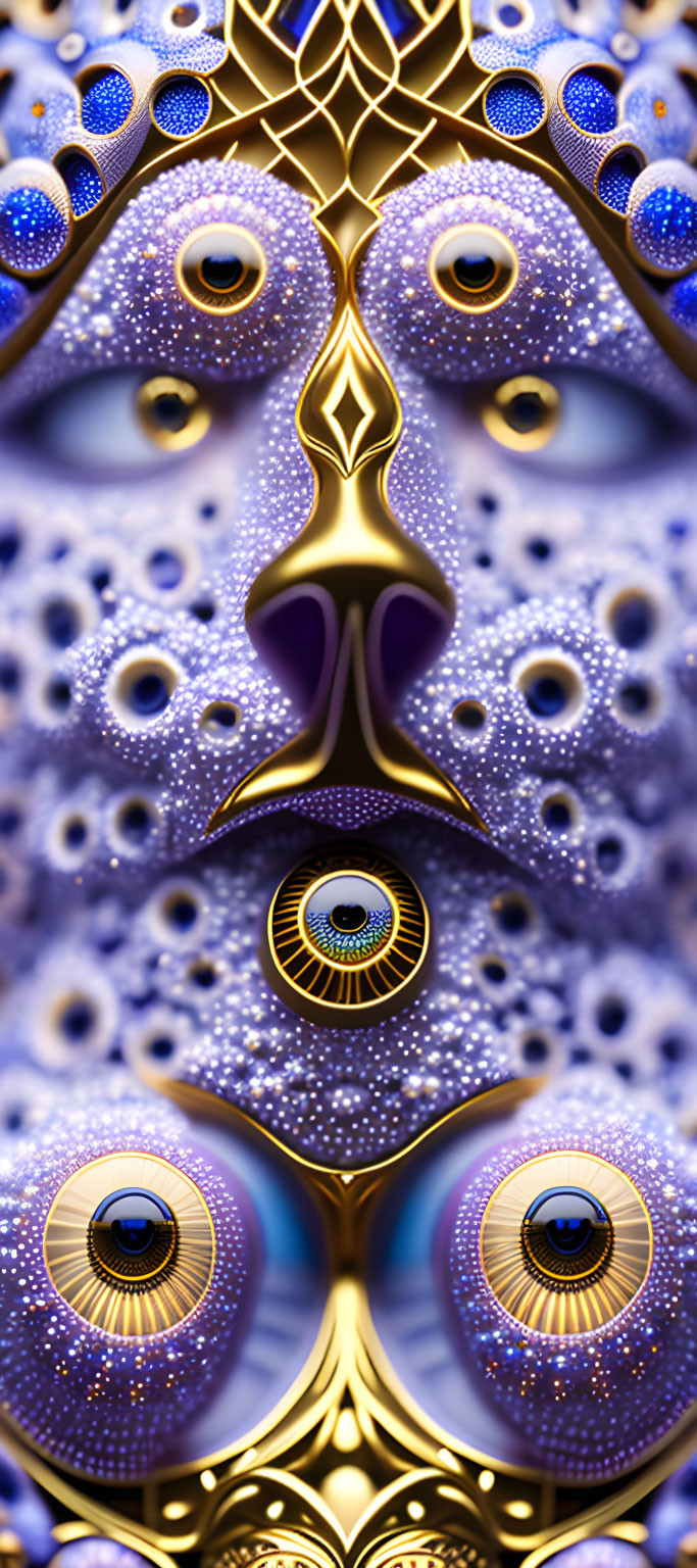 Surreal digital artwork with multiple eyes on symmetrical purple and gold pattern