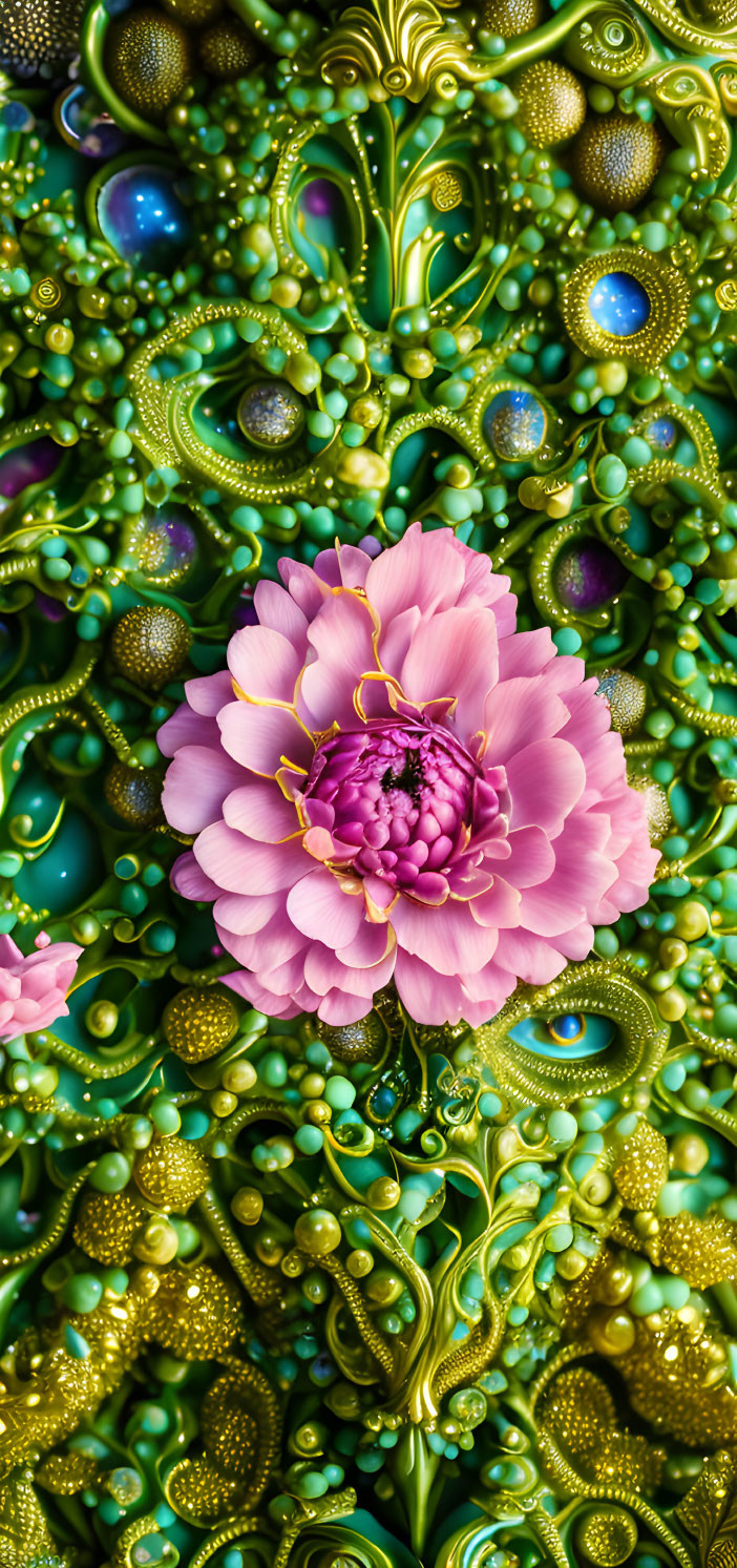 Pink Flower on Fractal Background with Green and Gold Patterns