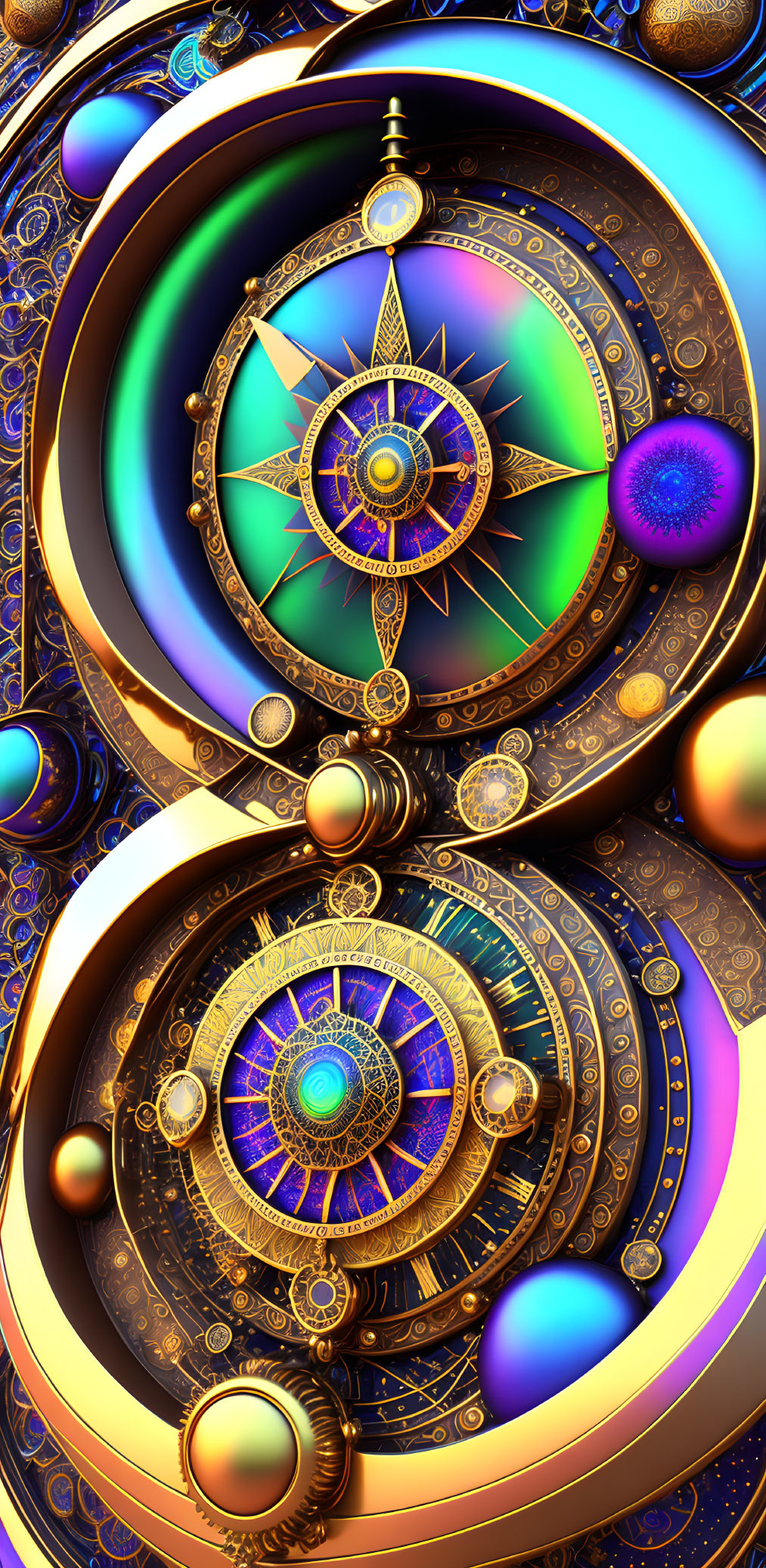 Colorful digital art: Geometric designs, concentric circles, compass motif