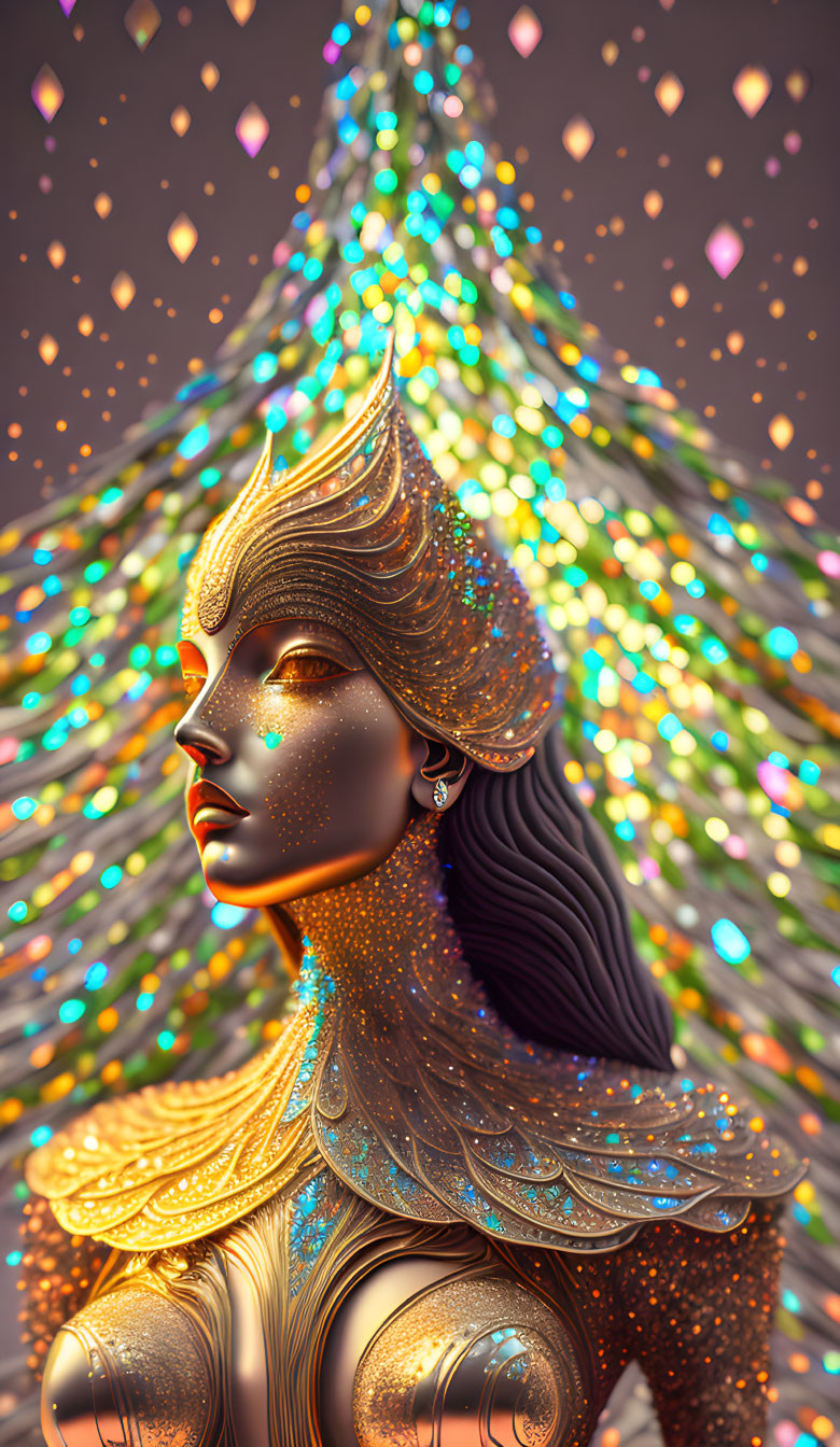 Stylized woman in golden armor against colorful futuristic backdrop