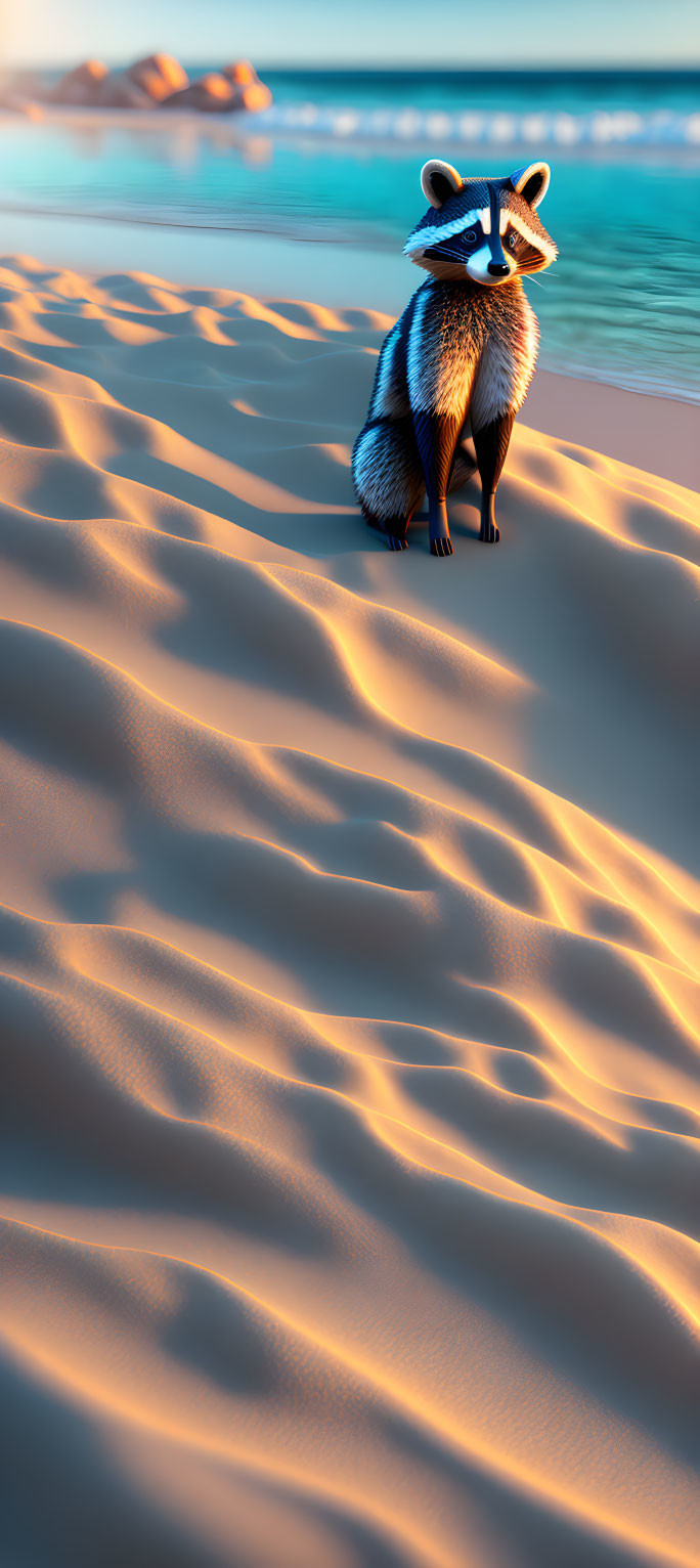 Raccoon on Sandy Beach at Sunset with Dunes