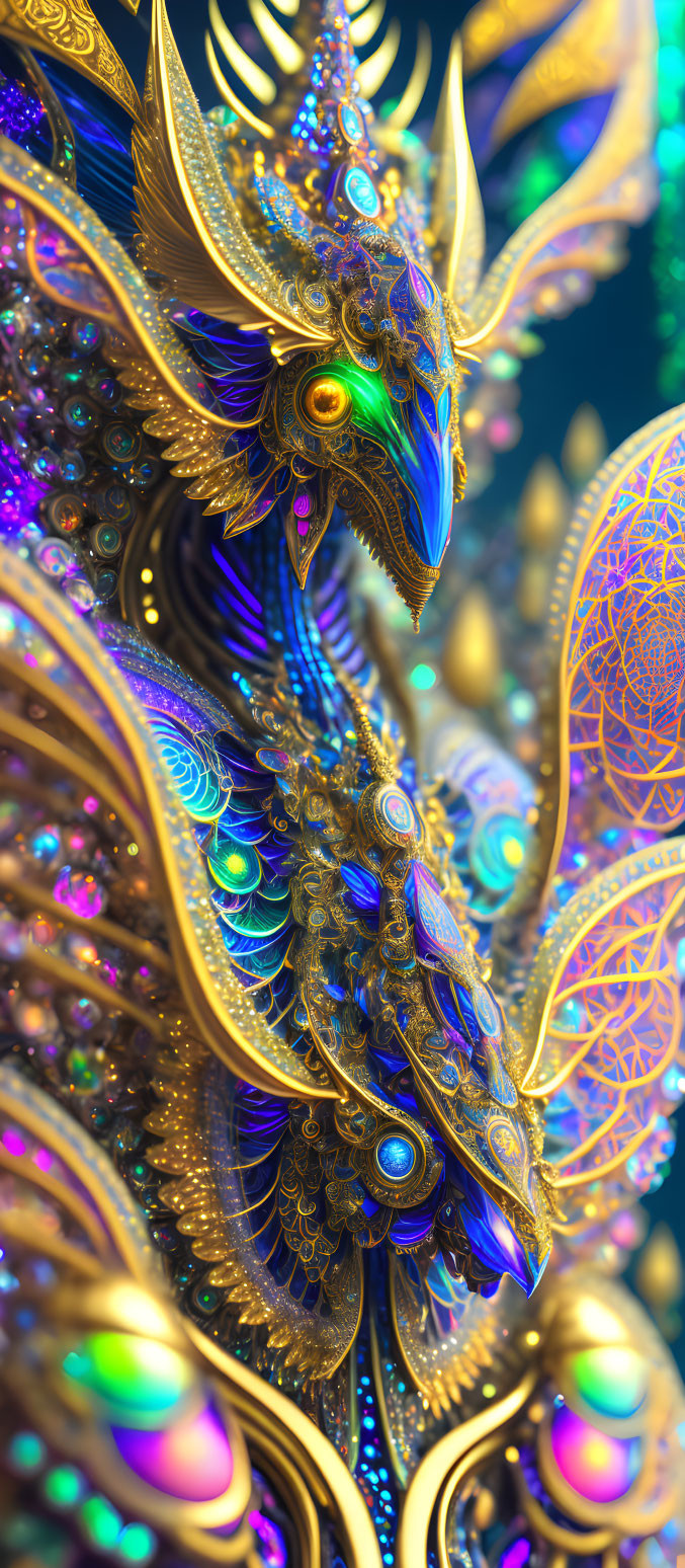 Colorful fractal art: Dragon with gold, blue, & iridescent patterns