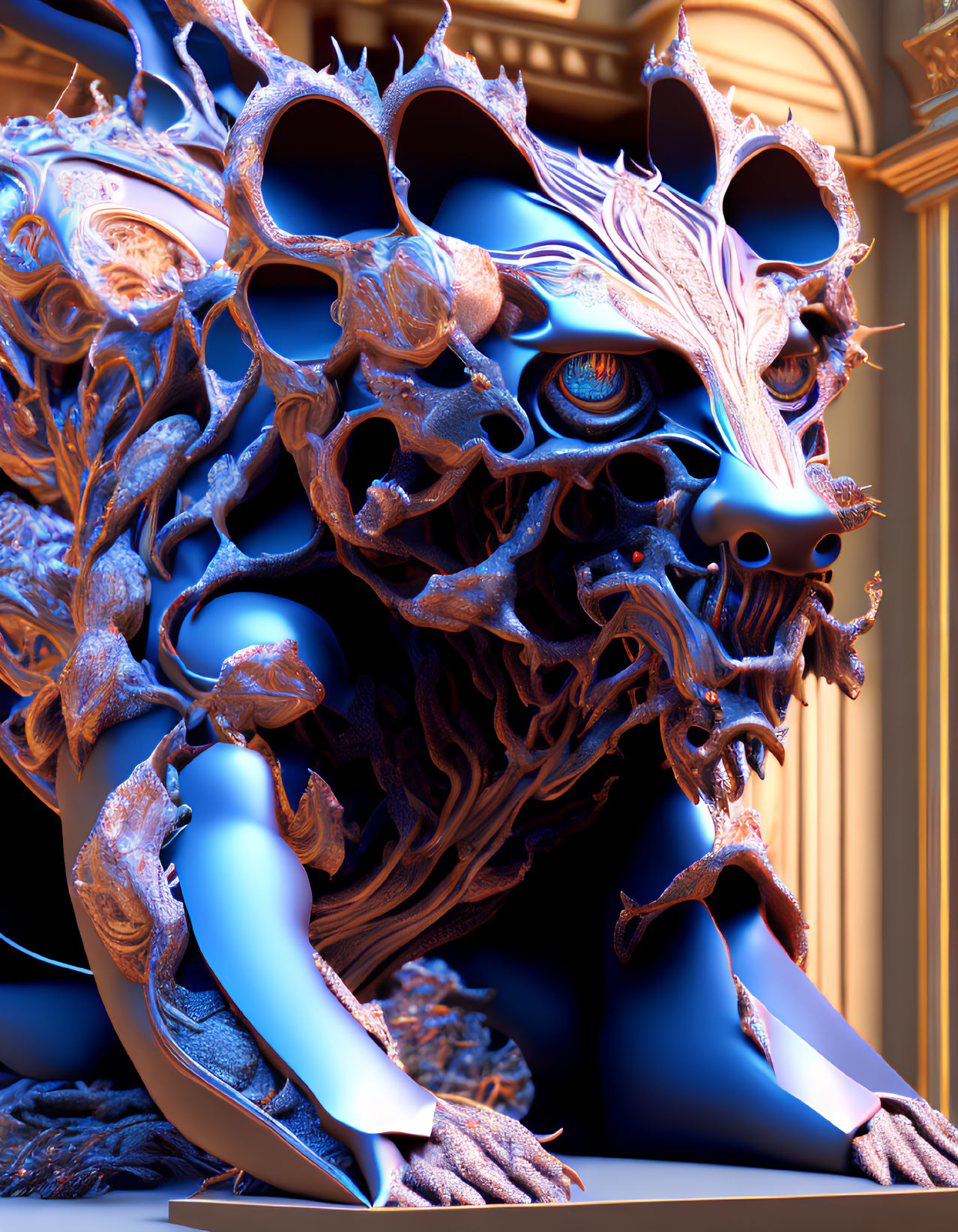 Detailed Blue Fractal Dragon Sculpture with Ornate Patterns