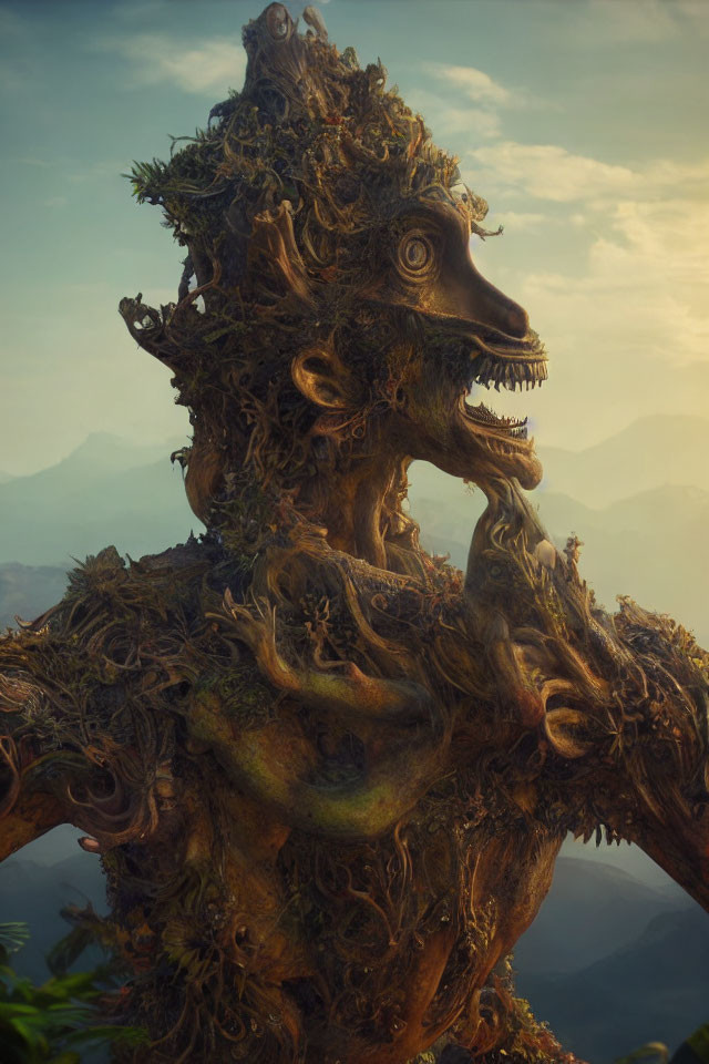 Fantastical living tree creature portrait with intricate bark texture and foliage against mountain backdrop