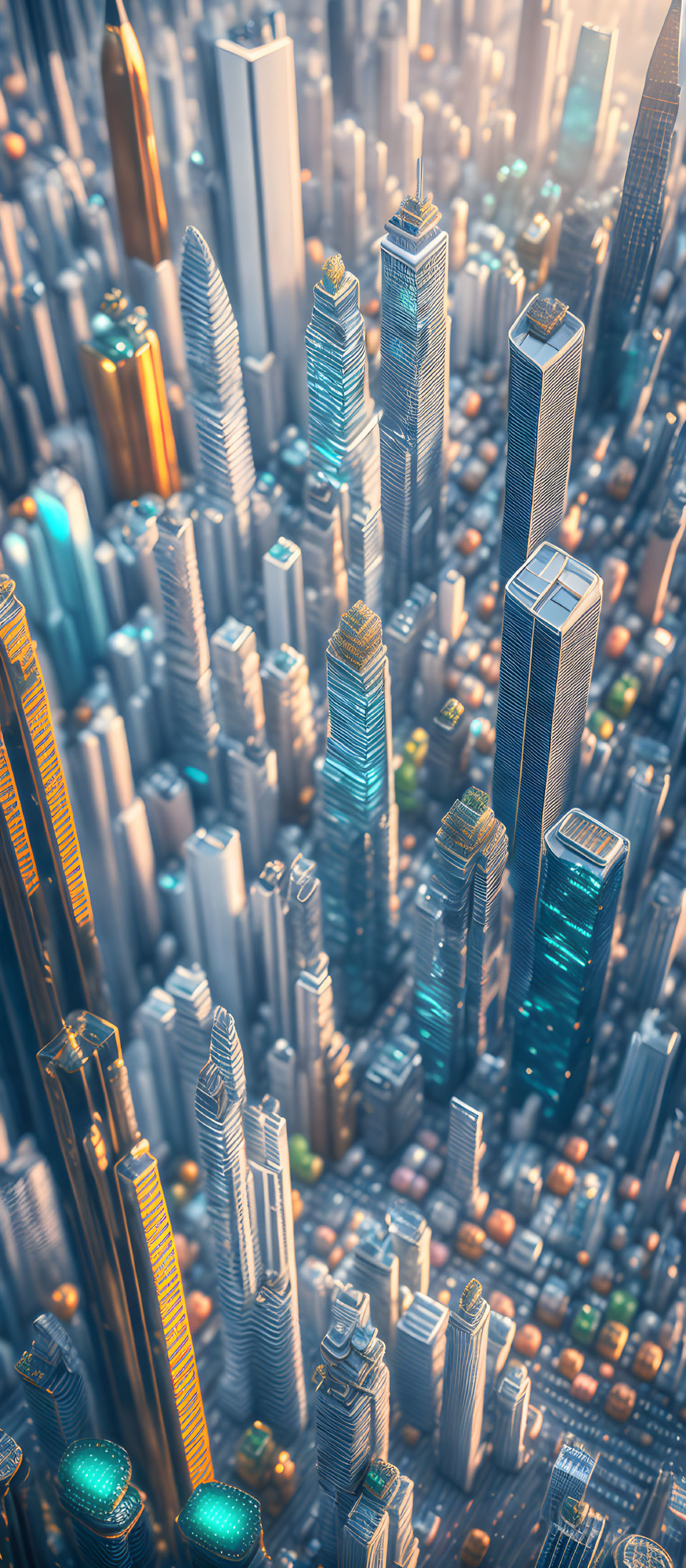 Futuristic cityscape with high-rise buildings in warm sunlight