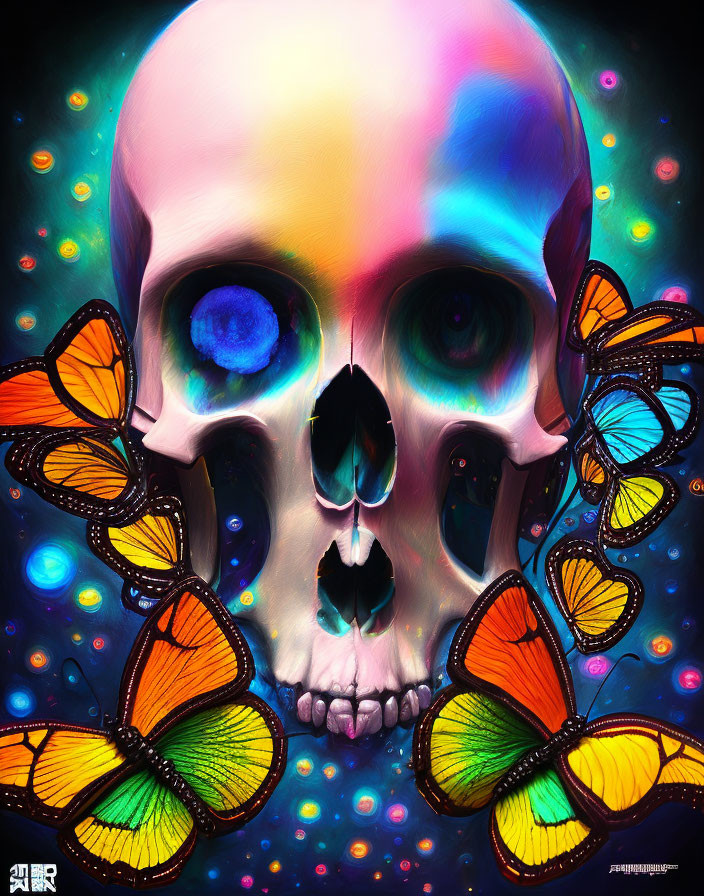 Colorful skull with blue eye and butterflies on cosmic backdrop