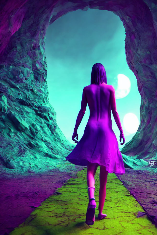 Woman in Purple Dress Walking Towards Bright Cave Exit with Mysterious Landscape and Two Moons