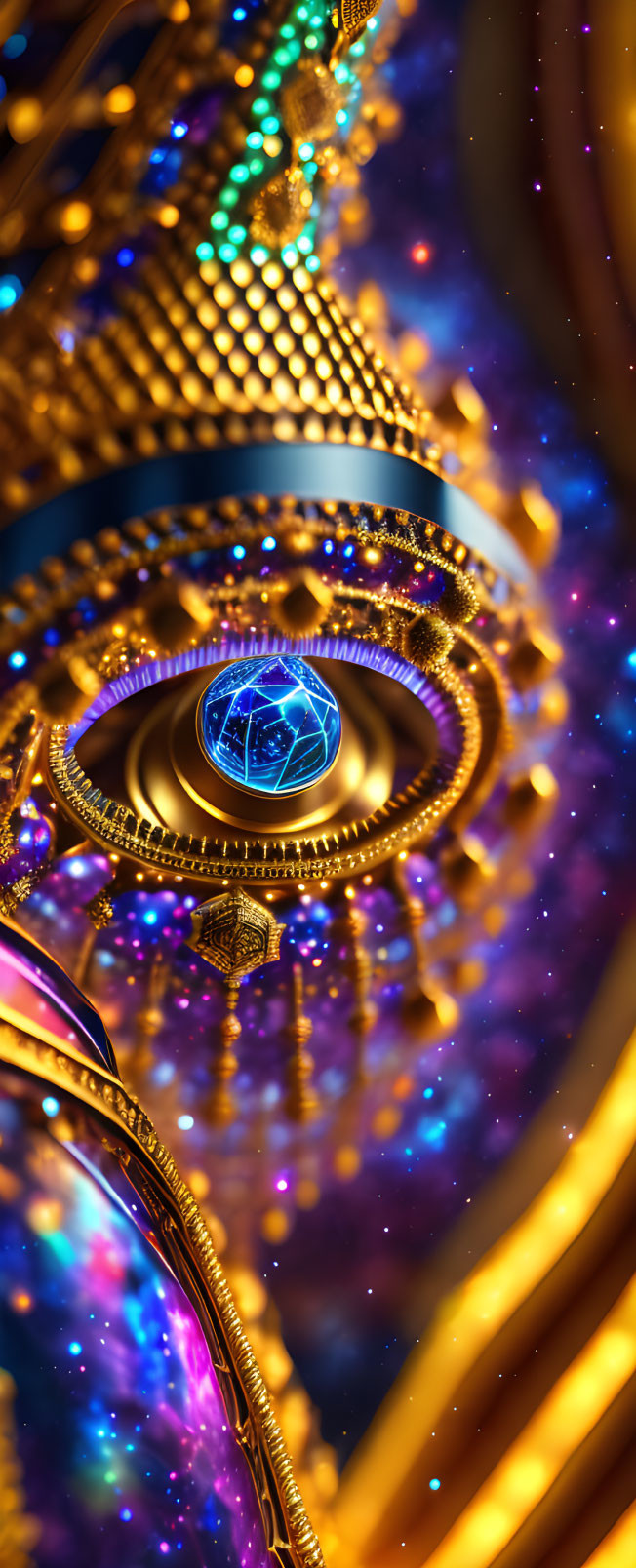 Digitally-rendered cosmic image with golden structure and blue gemstones on starry nebula backdrop