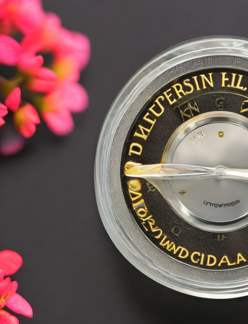 Gold Needle Compass on Grey Background with Pink Flowers