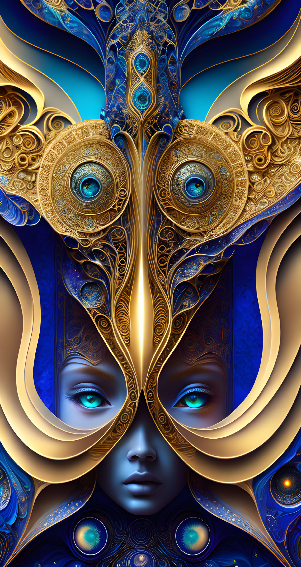 Symmetrical digital artwork with peacock feather motifs and central face.