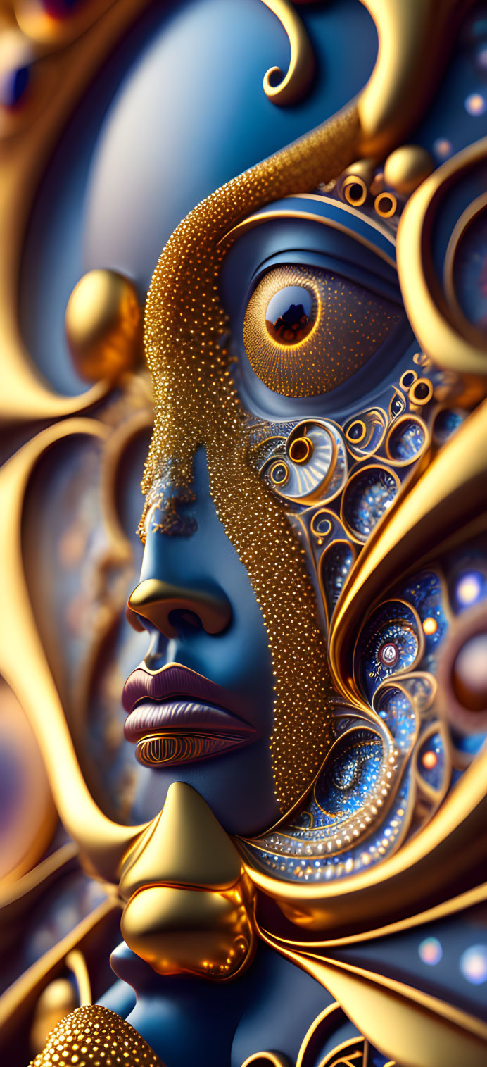 Detailed digital artwork: surreal golden face profile on blue background