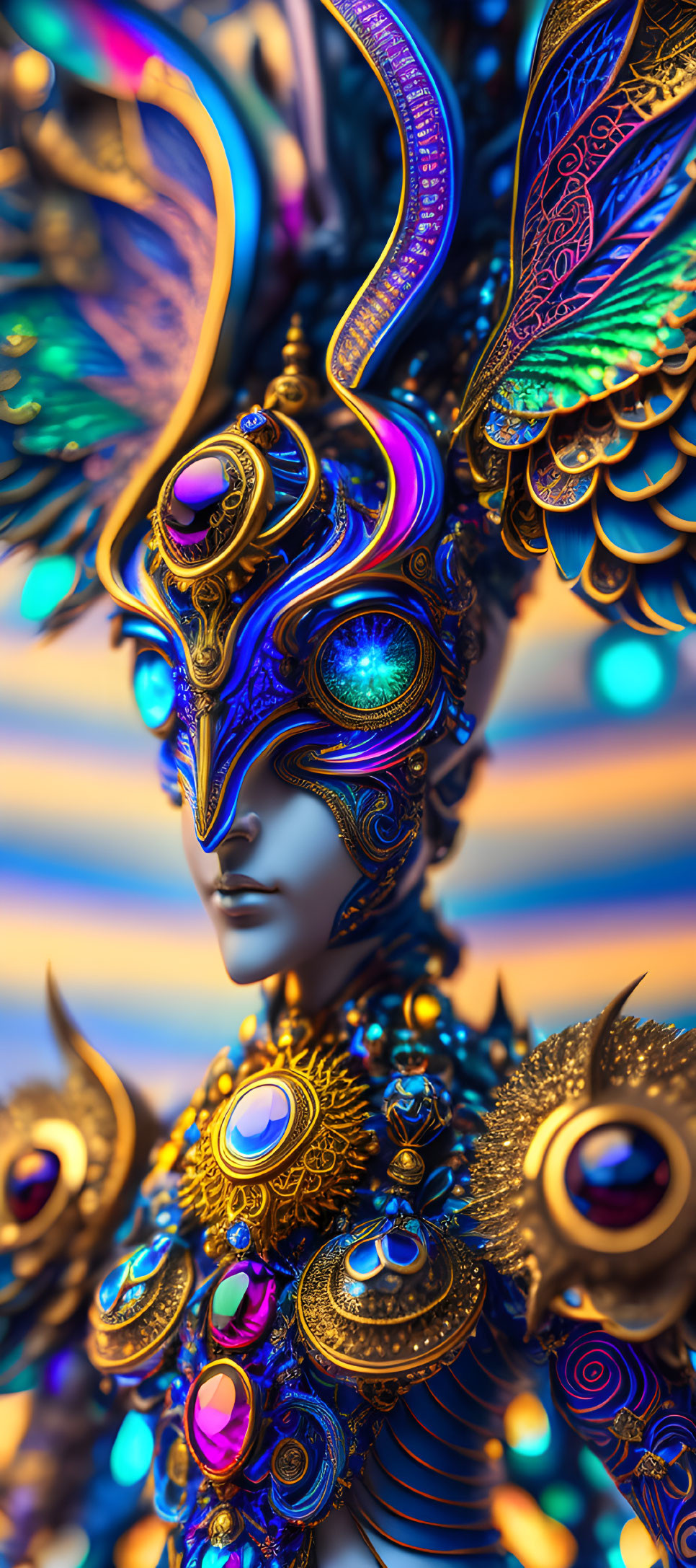 Ornate figure in golden and blue armor against colorful background