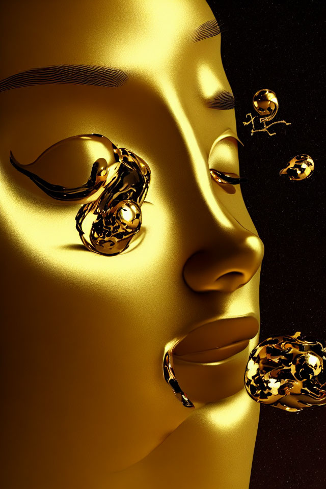 Golden abstract face with smaller figures on shiny black background