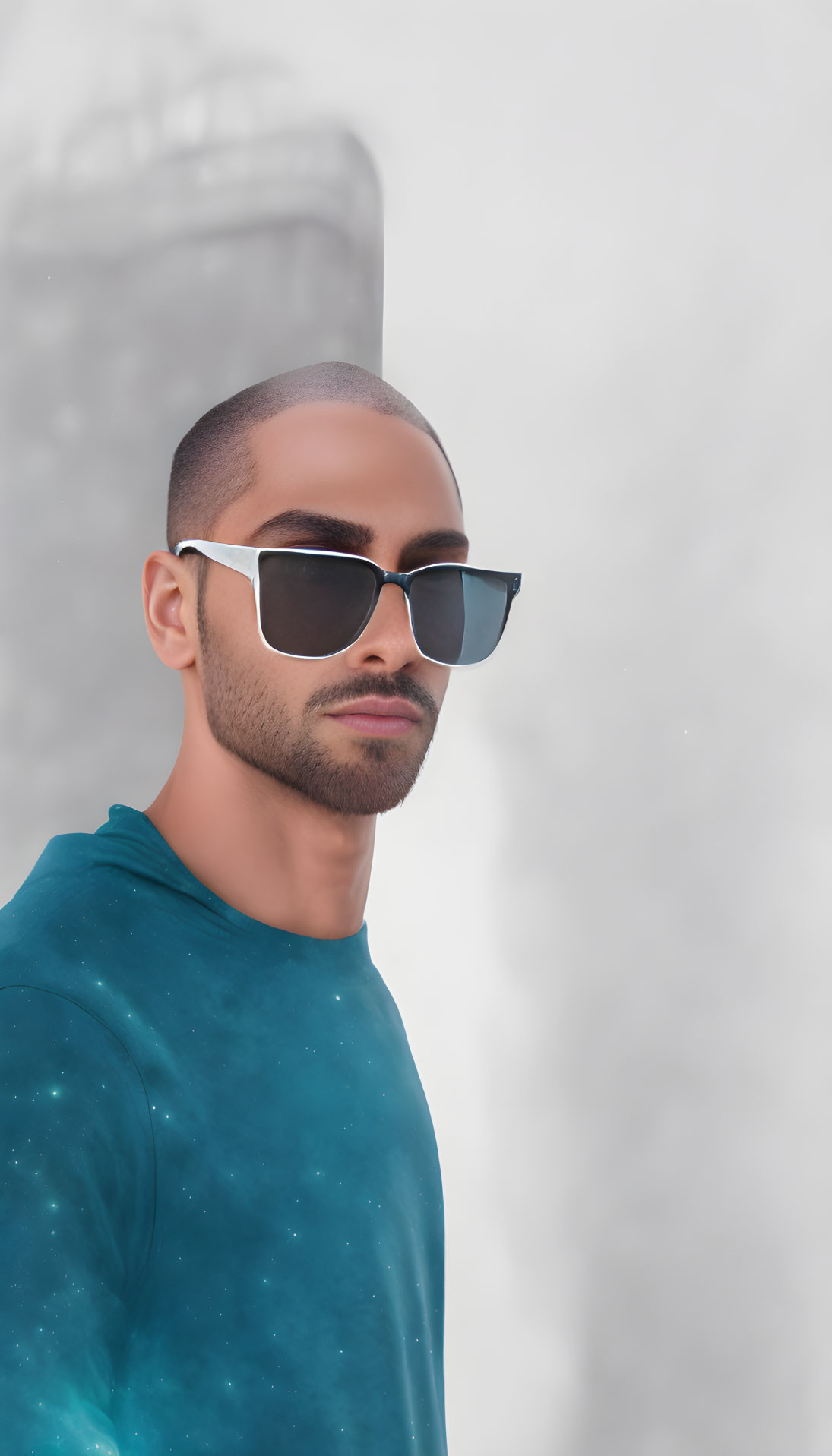 Serious man in teal shirt with galaxy print and sunglasses on blurred background