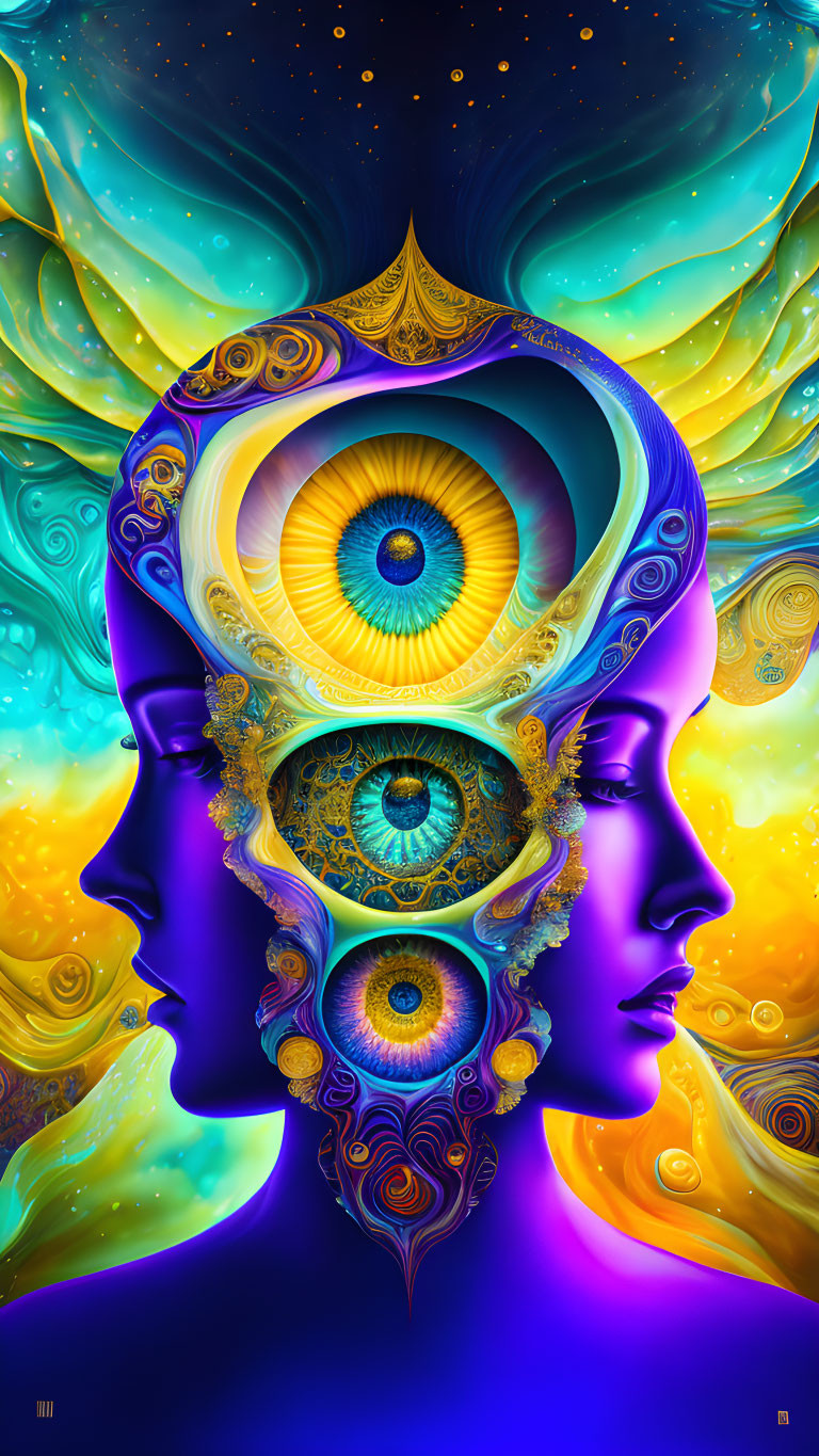 Digital artwork of three profiles with intricate patterns and multiple eyes against cosmic backdrop