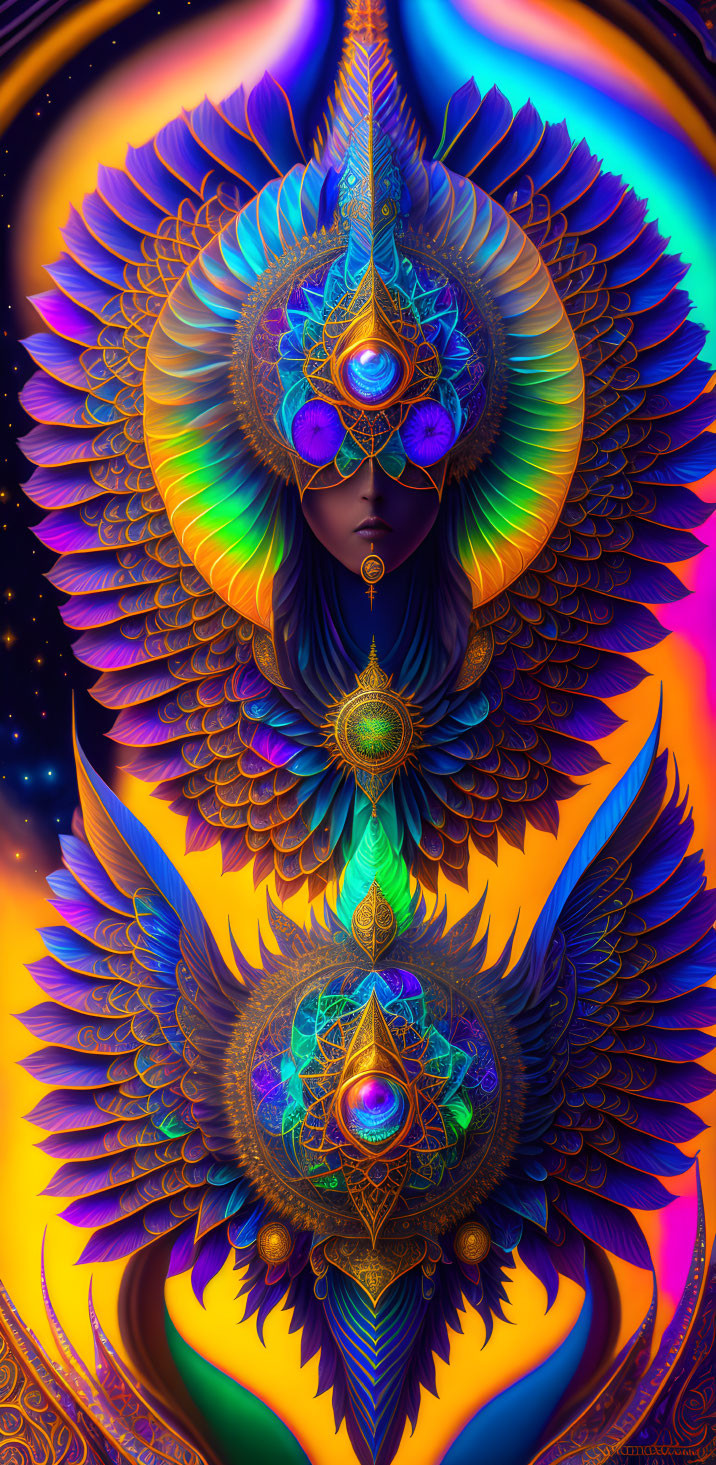 Colorful digital artwork: mystical figure with peacock feathers and shimmering eyes in cosmic setting