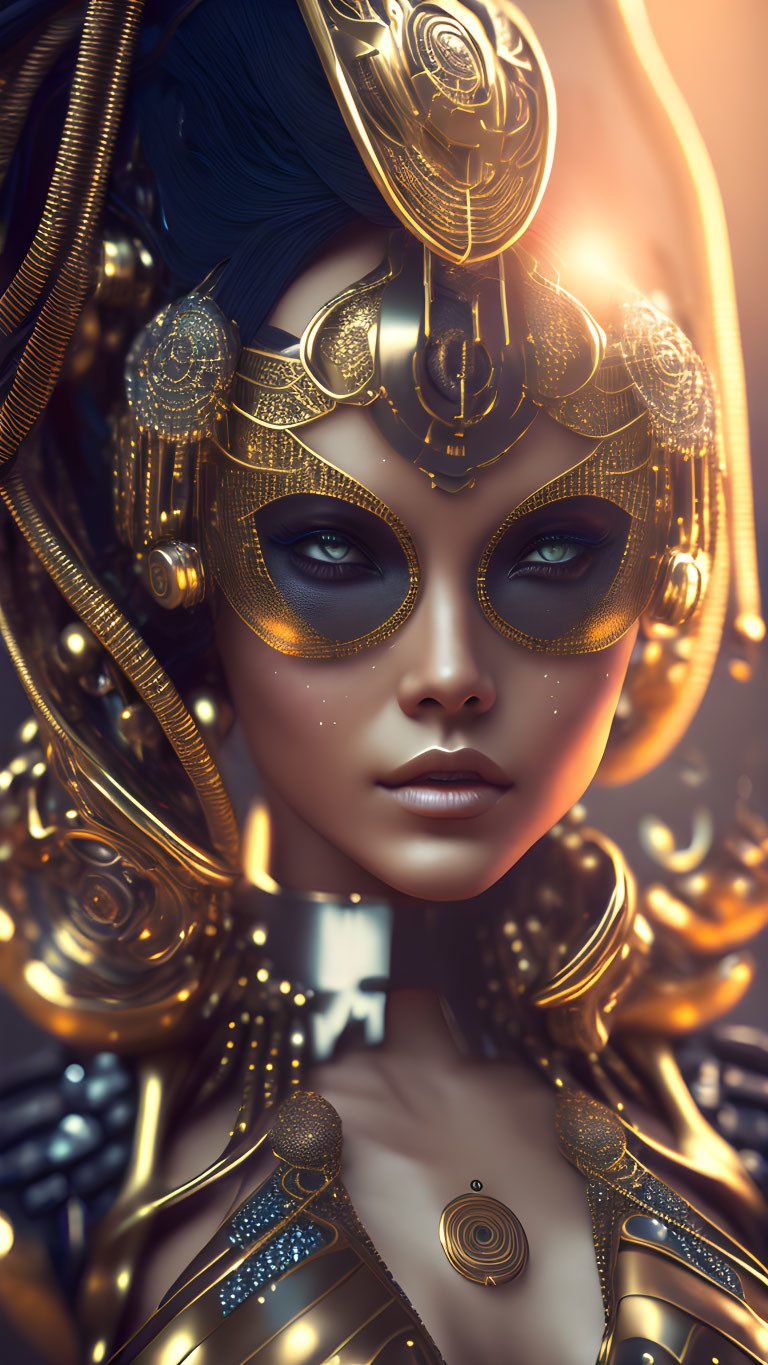 Digital Artwork: Woman with Golden Headgear and Futuristic Designs