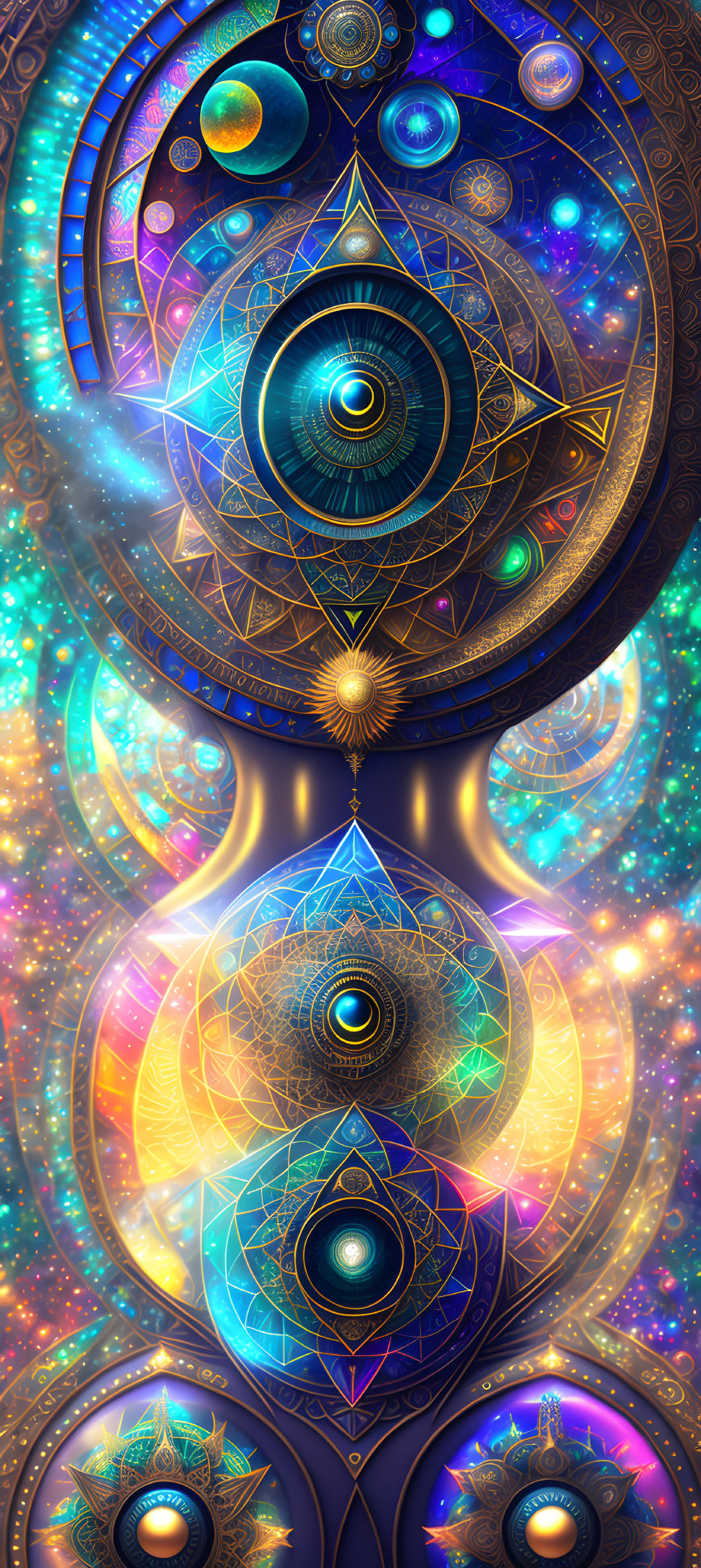 Cosmic-themed digital artwork with intricate patterns and celestial motifs