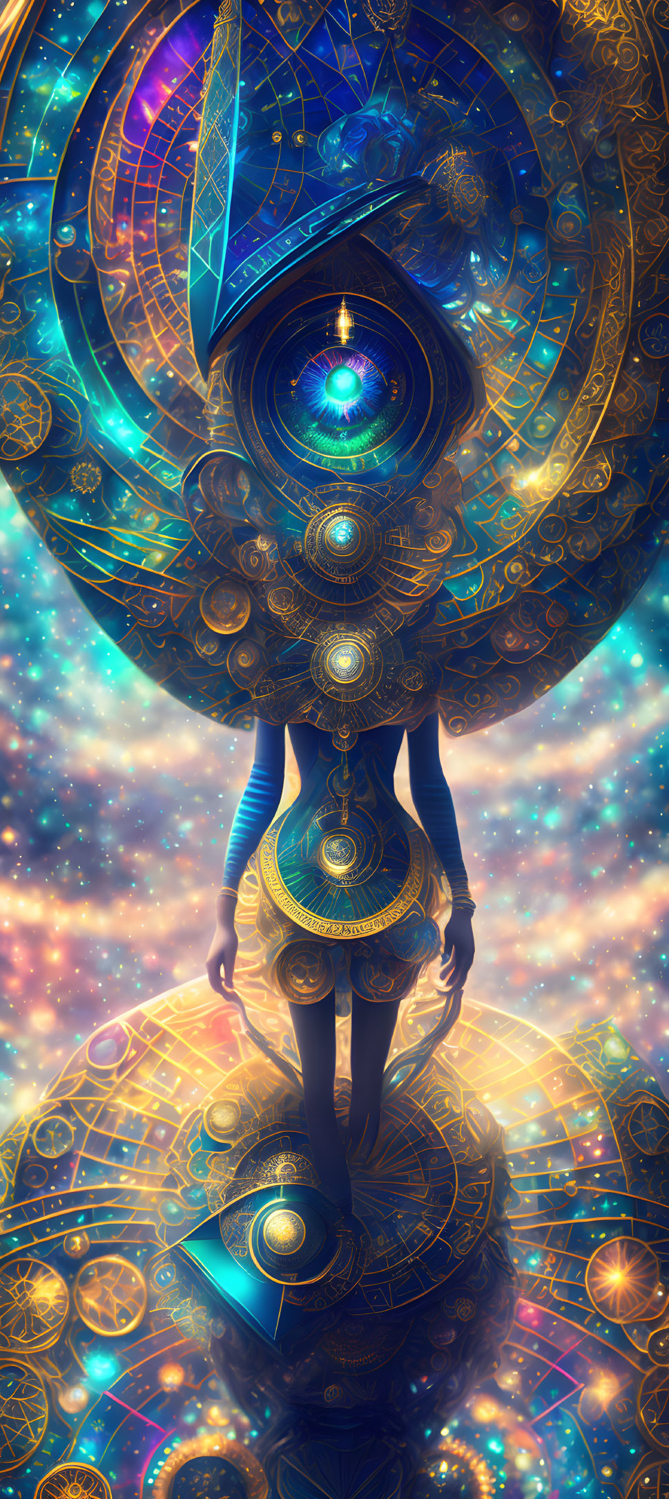 Person in cosmic patterns with celestial symbols and universe-inspired aura headpiece