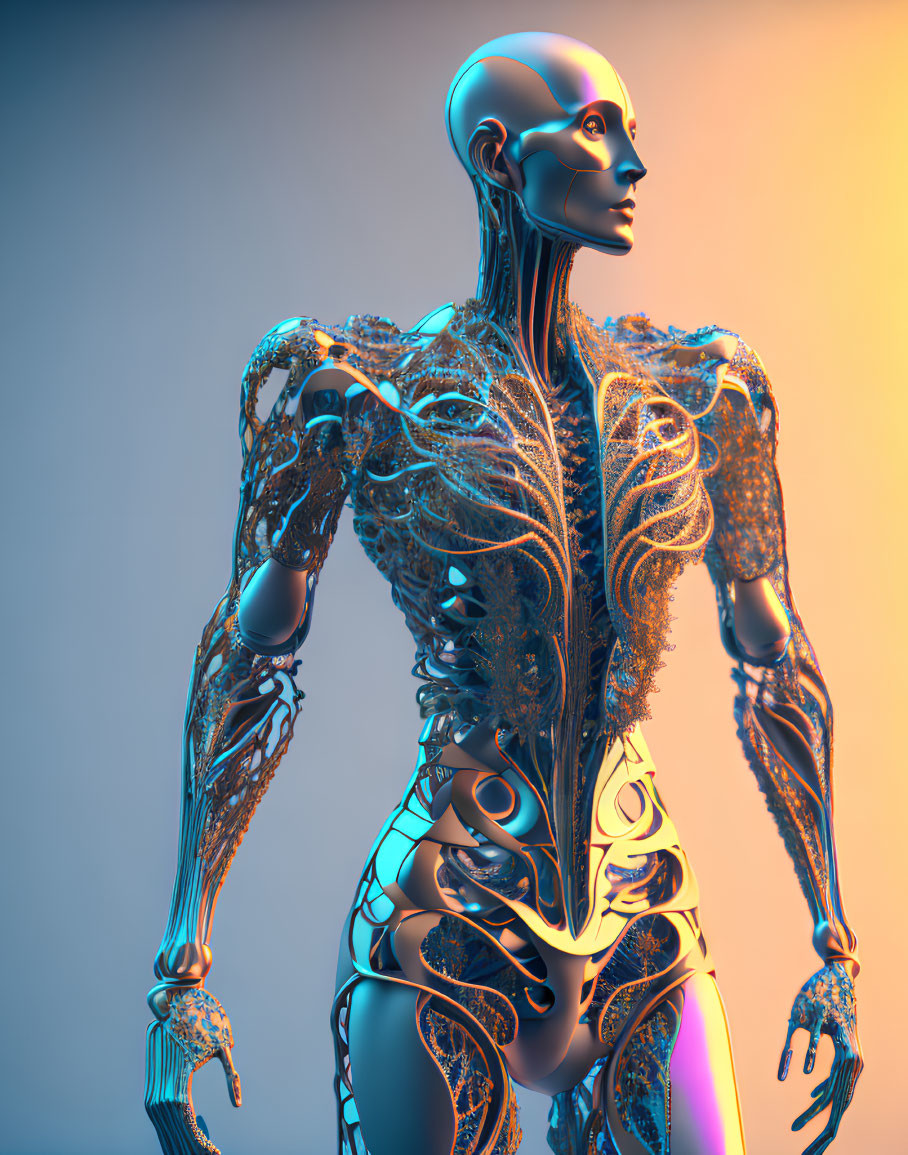 Futuristic humanoid robot with intricate lace-like body patterns