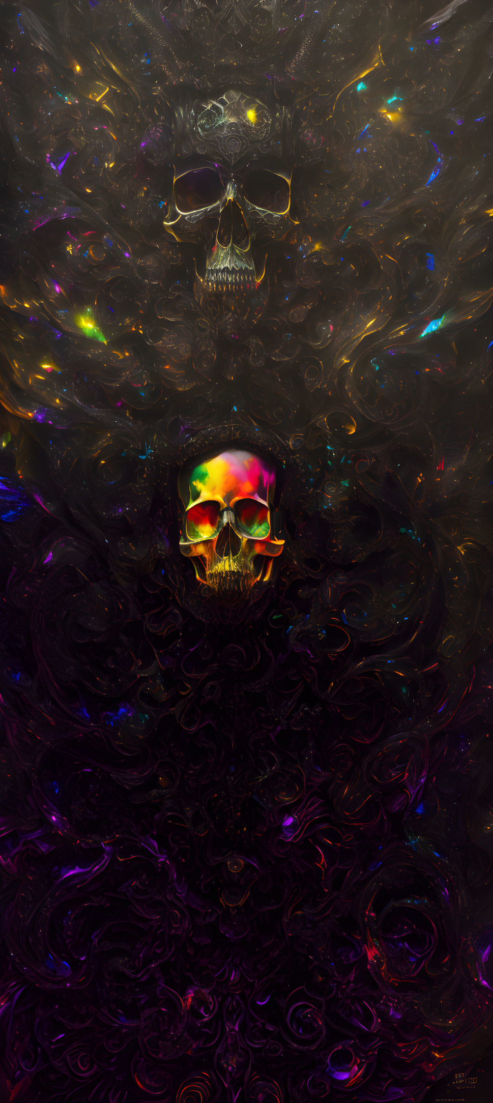 Neon-colored skulls in cosmic digital artwork