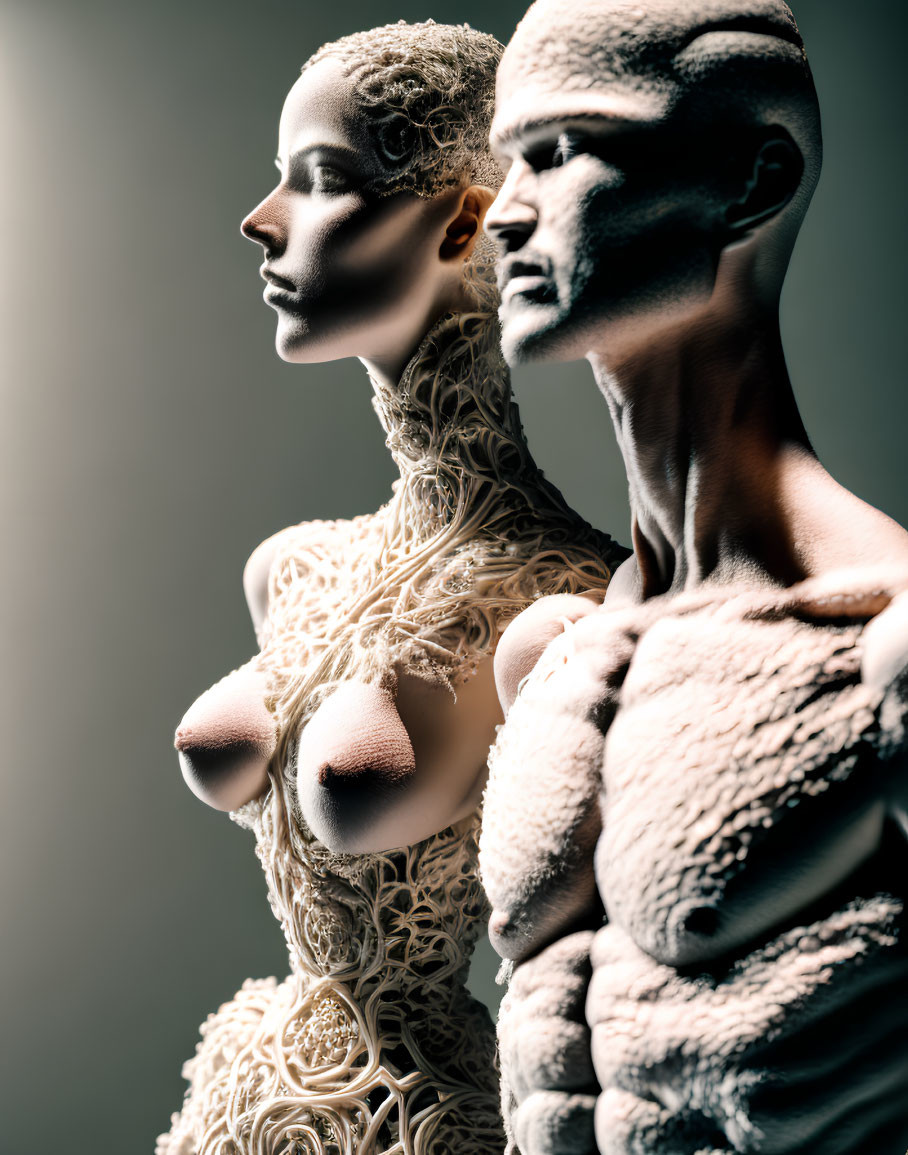 Artistic statues of human figures with intricate textures, one in profile and the other facing away.