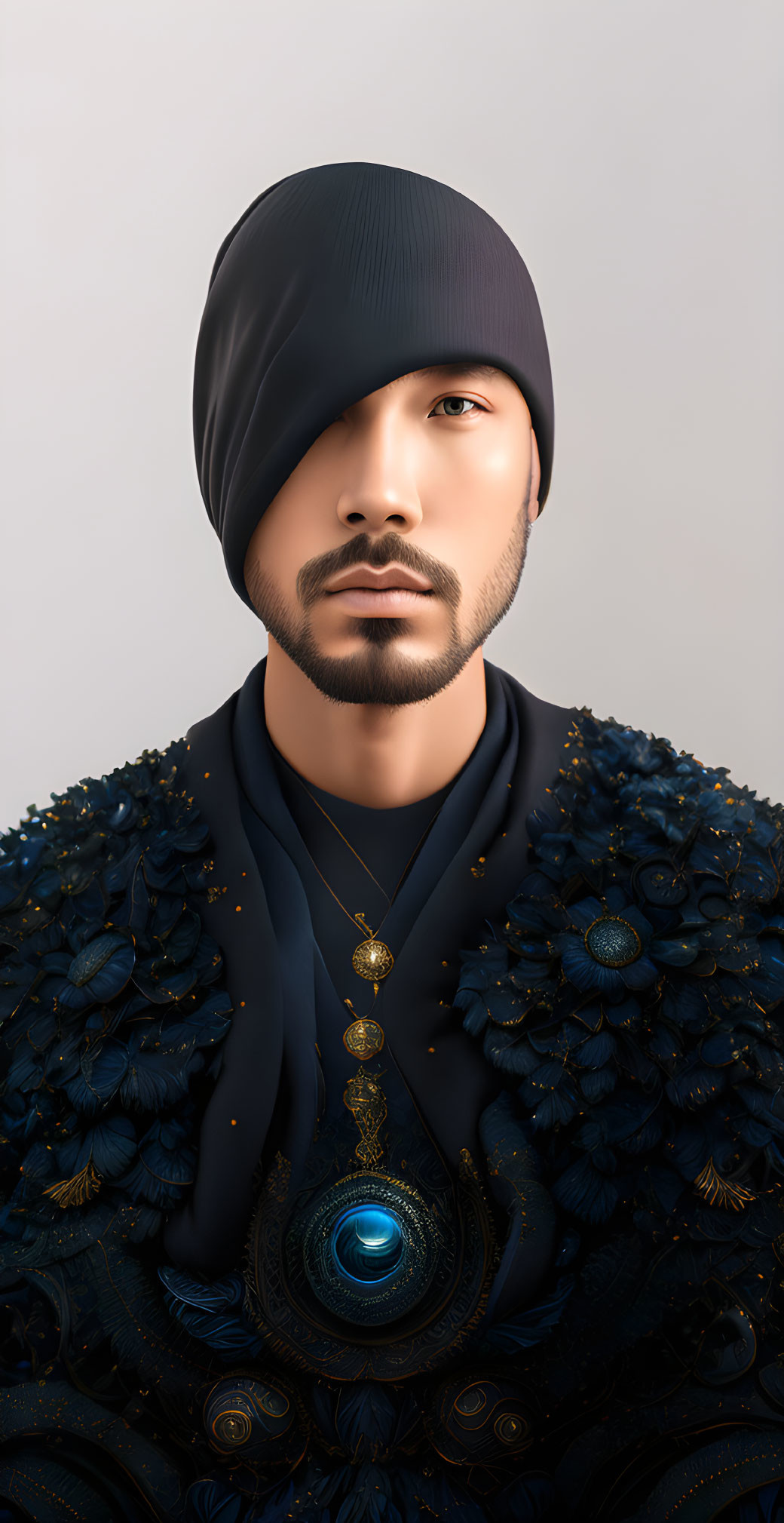 Man in Black Beanie with Peacock Feather Armor and Blue Medallion